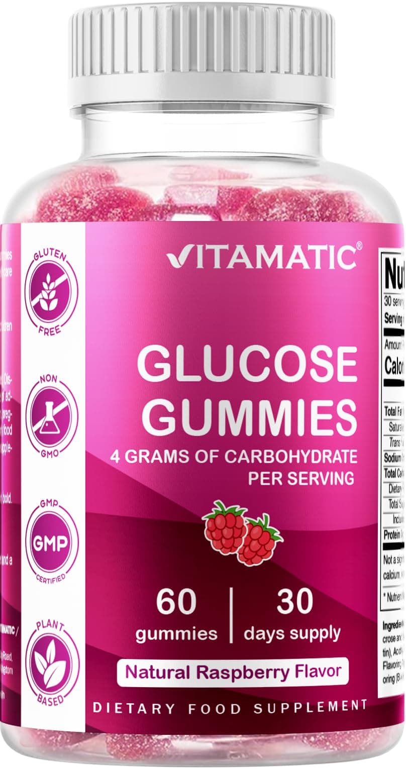 Vitamatic Glucose Chweble Gummies - 60 Count - Natural Raspberry Flavor - 4G of Carbohydrate per Serving