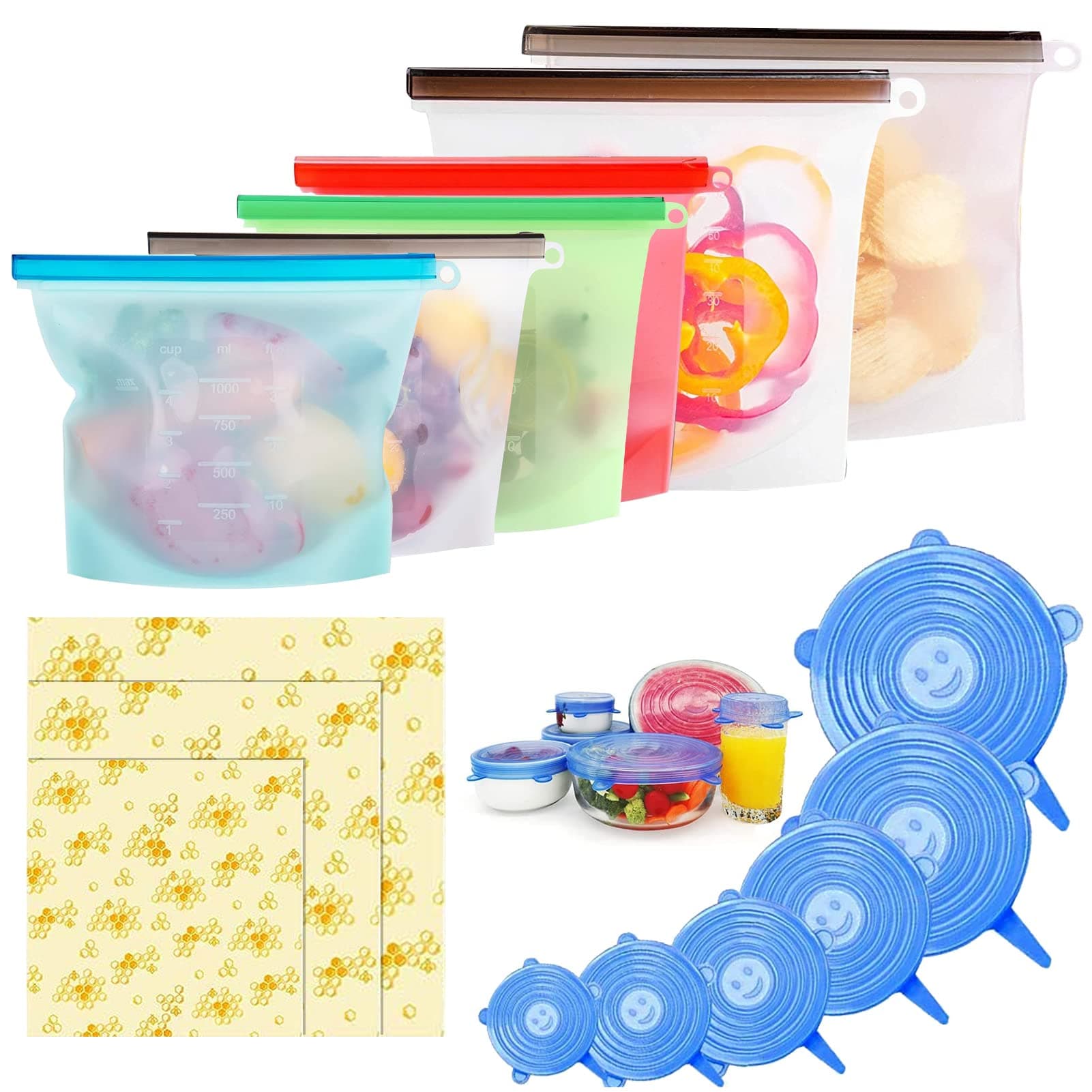 Reusable Storage Bags 15 Packs Reusable Silicone Storage Bags Set with 6 PCS Eco-Friendly Leakproof Silicone Food Storage Bags,3PCS Beeswax Wrap+6PCS Silicone Stretch Lids Cover for Meat Fruit Veggies