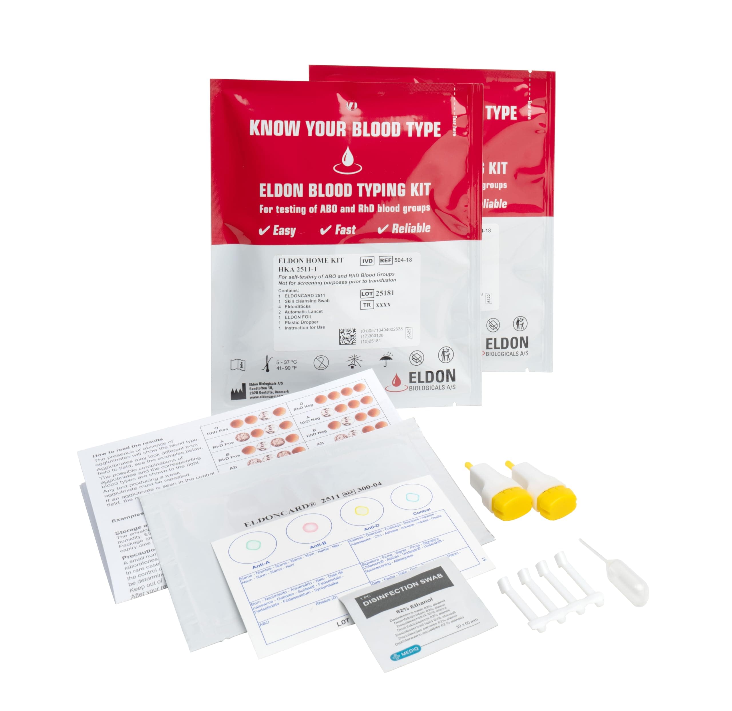 Eldoncard Blood Typing Kit, 2 Test Pack, Know Your Blood Type, Accurate Instant Home Testing, Determine A, O, B, RHS-D Negative & Positive Groups, Home Health Tests, Complete Health Testing Kit