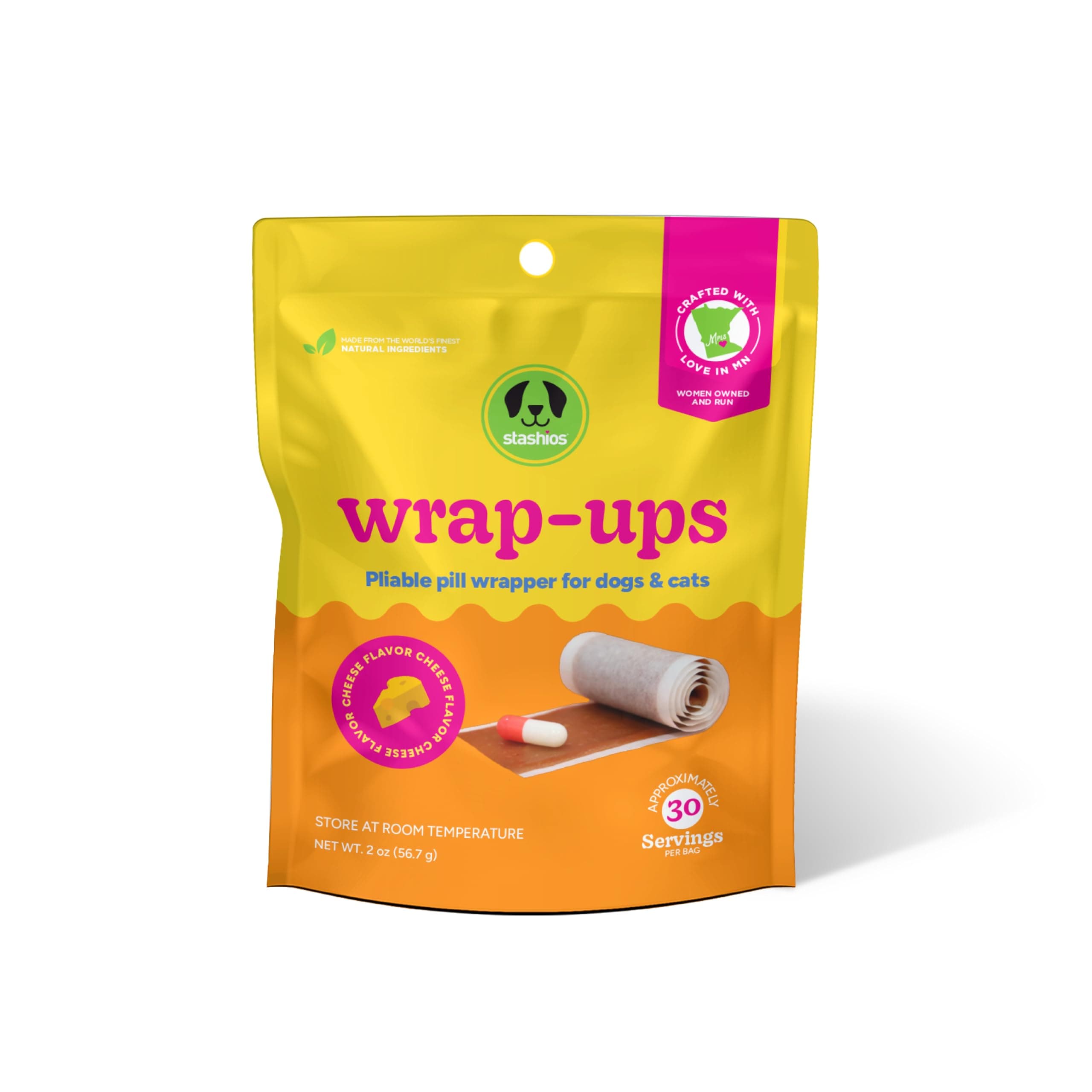 Stashios: Wrap-Ups: Pill Wrapper - Cheese - 30 Servings Bag, Dogs & Cats, Pet Treat Hides Any Size Pills, All Natural Limited Ingredients, USA Made