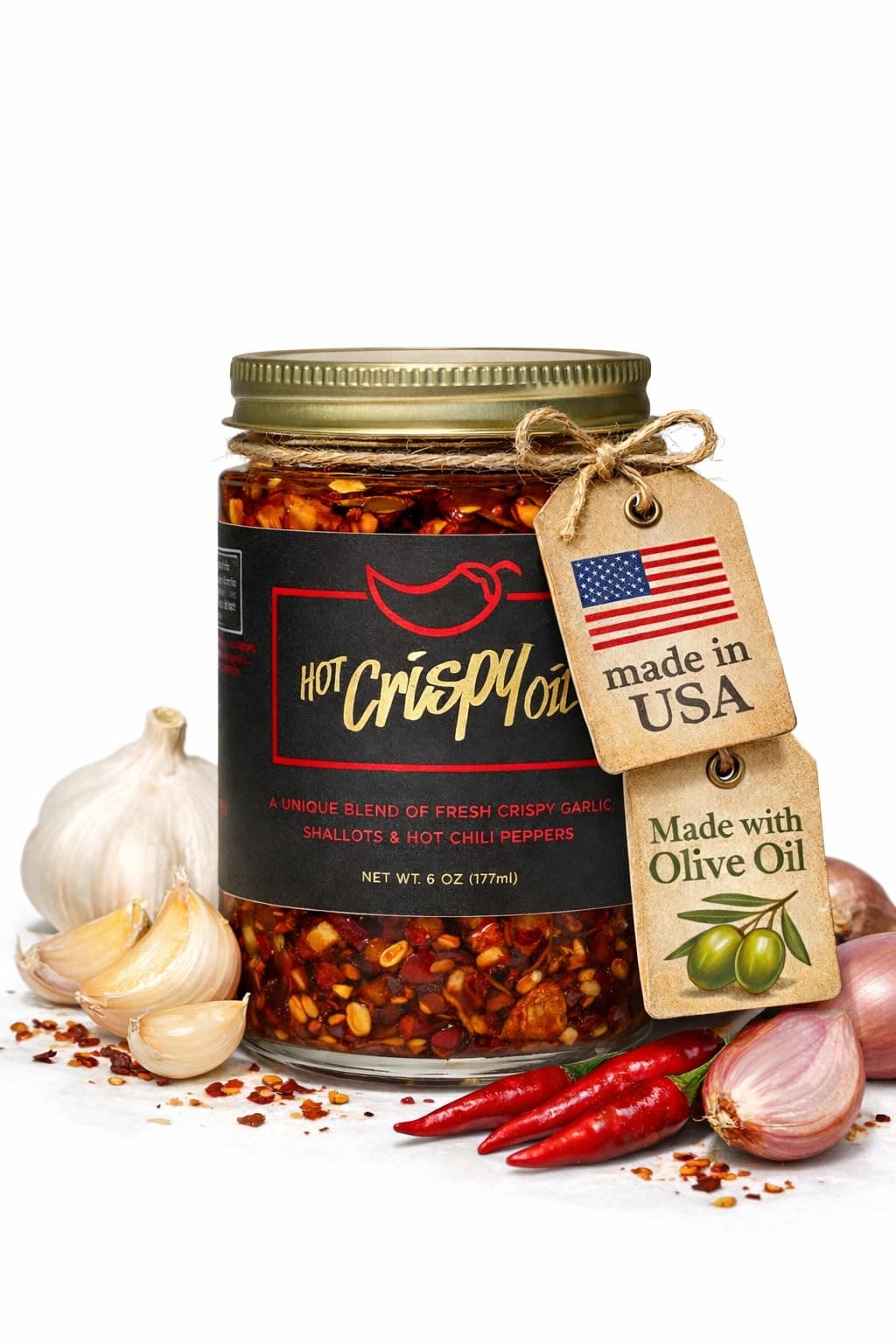 An all natural unique blend of fresh fried shallots, fresh garlic and a proprietary blend of three different chili peppers. Highly addictive.