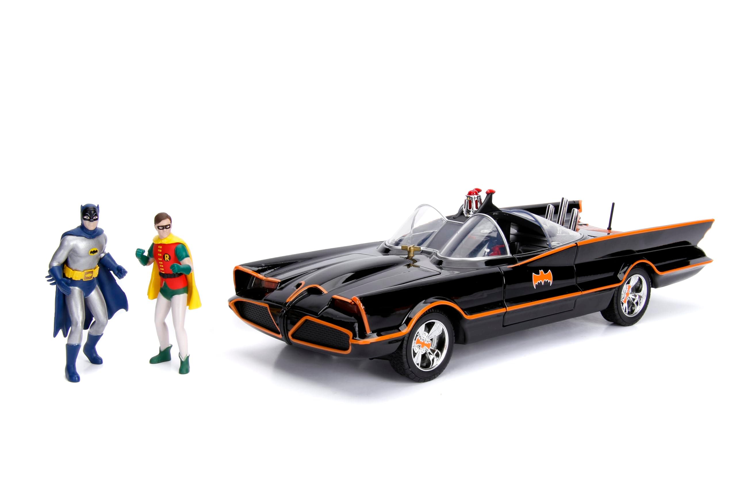 Jada 98625 DC Comics Classic TV Series Batmobile Die-cast Car, 1:18 Scale Vehicle & 3" Batman & Robin Collectible Figurine 100% Metal, Black