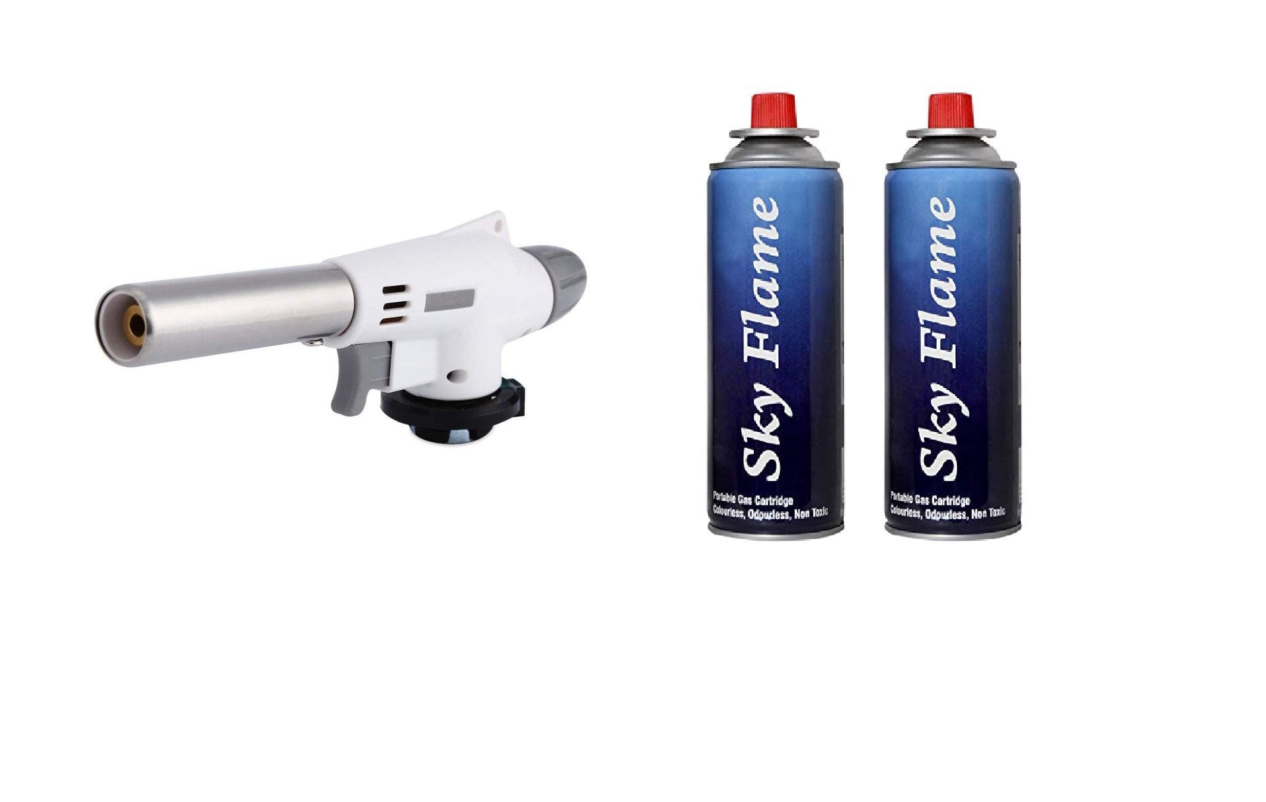 Cloudberry Auto Ignition Butane Gas Blow Torch for Outdoor |BBQ Tool Burner Flamethrower Welding Gun with 2 Butane Canister (Gun with 2 Canister)
