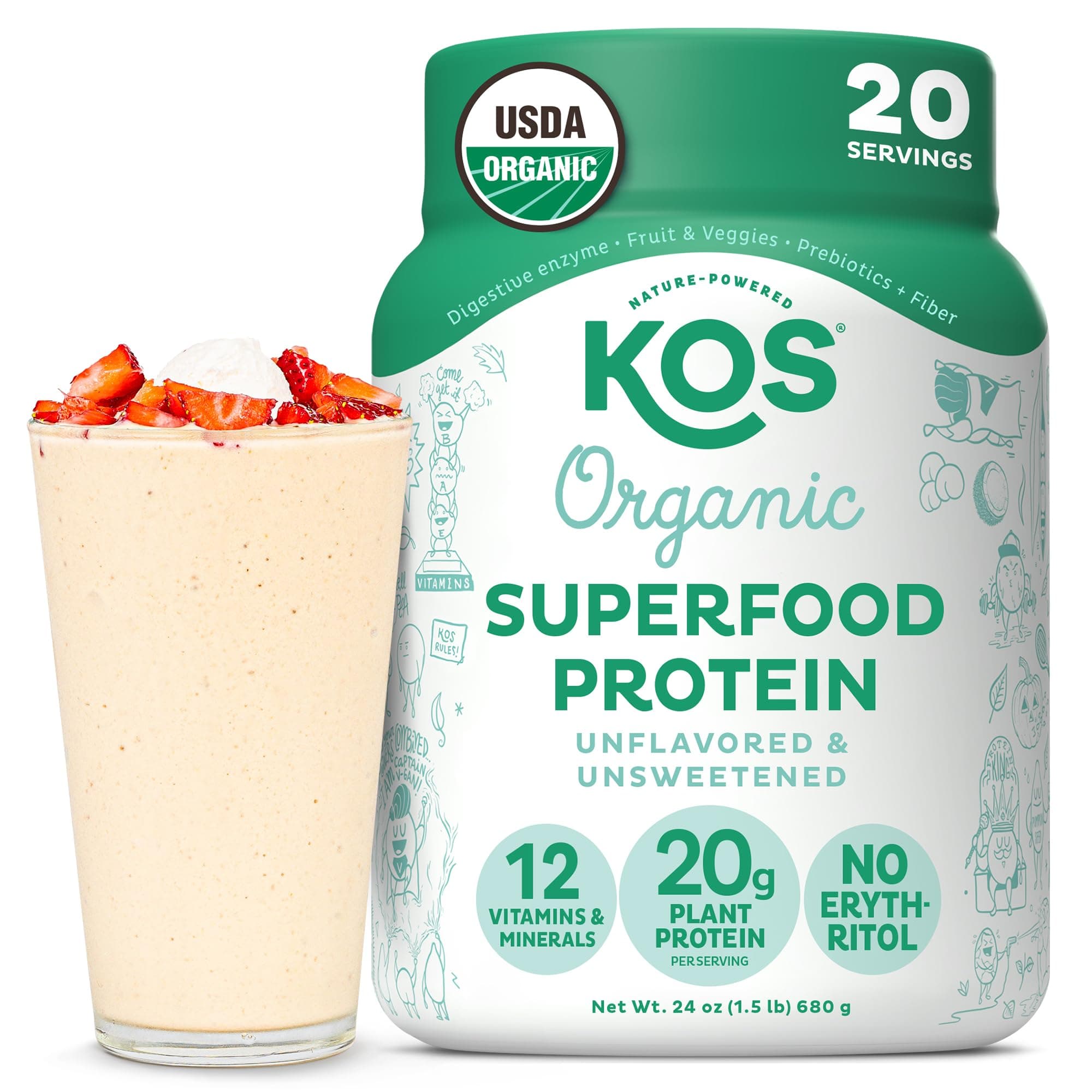KOS Vegan Protein Powder, Unflavored & Unsweetened - Low Carb Pea Protein Blend, Organic Superfood Rich in Vitamins & Minerals - Keto, Soy, Dairy Free - Meal Replacement for Women & Men - 20 Servings