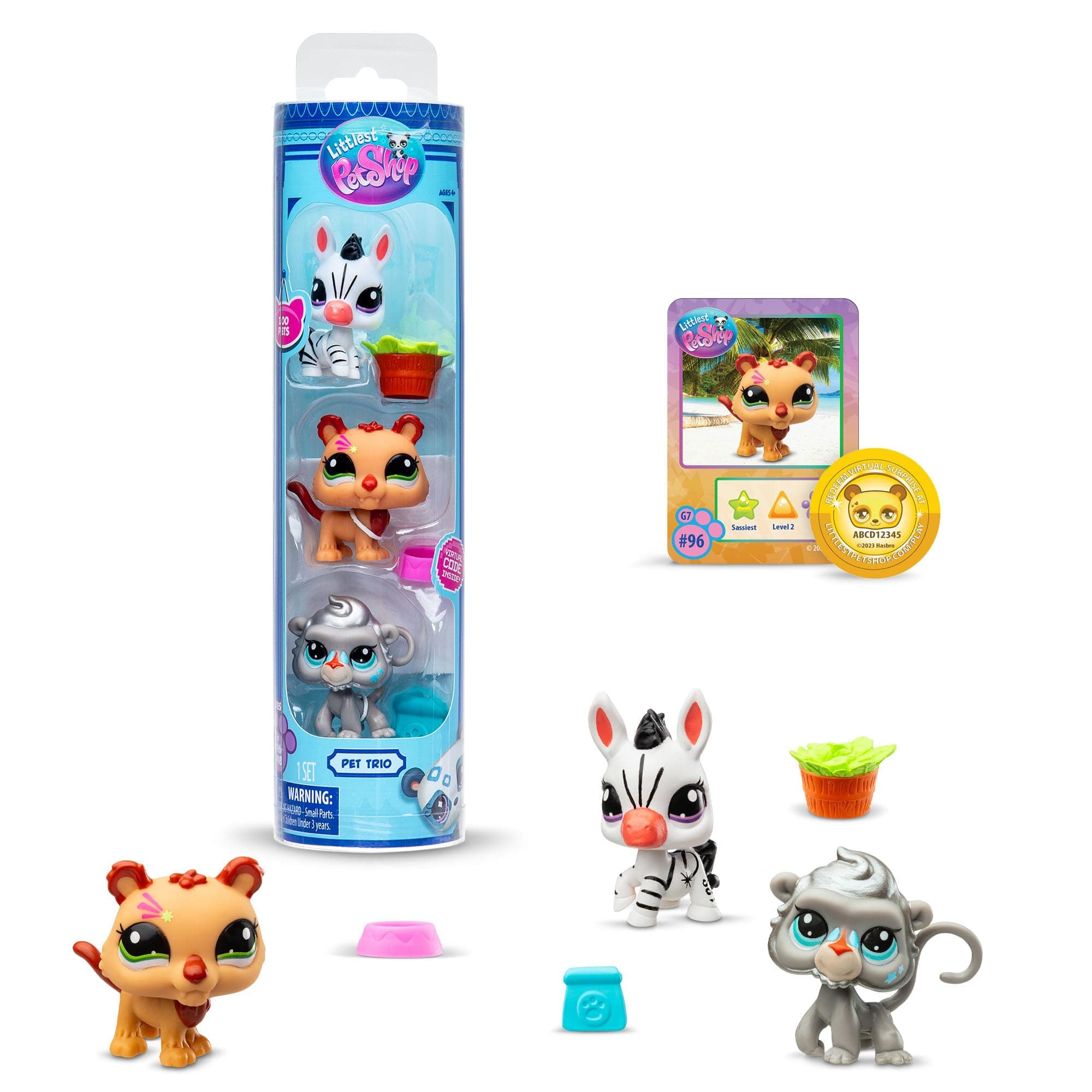 BANDAI Littlest Pet Shop Pack 3 Zoo Pets BF00597 Set of 3 Pets, Accessory, Collector's Card and Virtual Code, Generation 7, Pets #96, #97, #98, Kids 4+