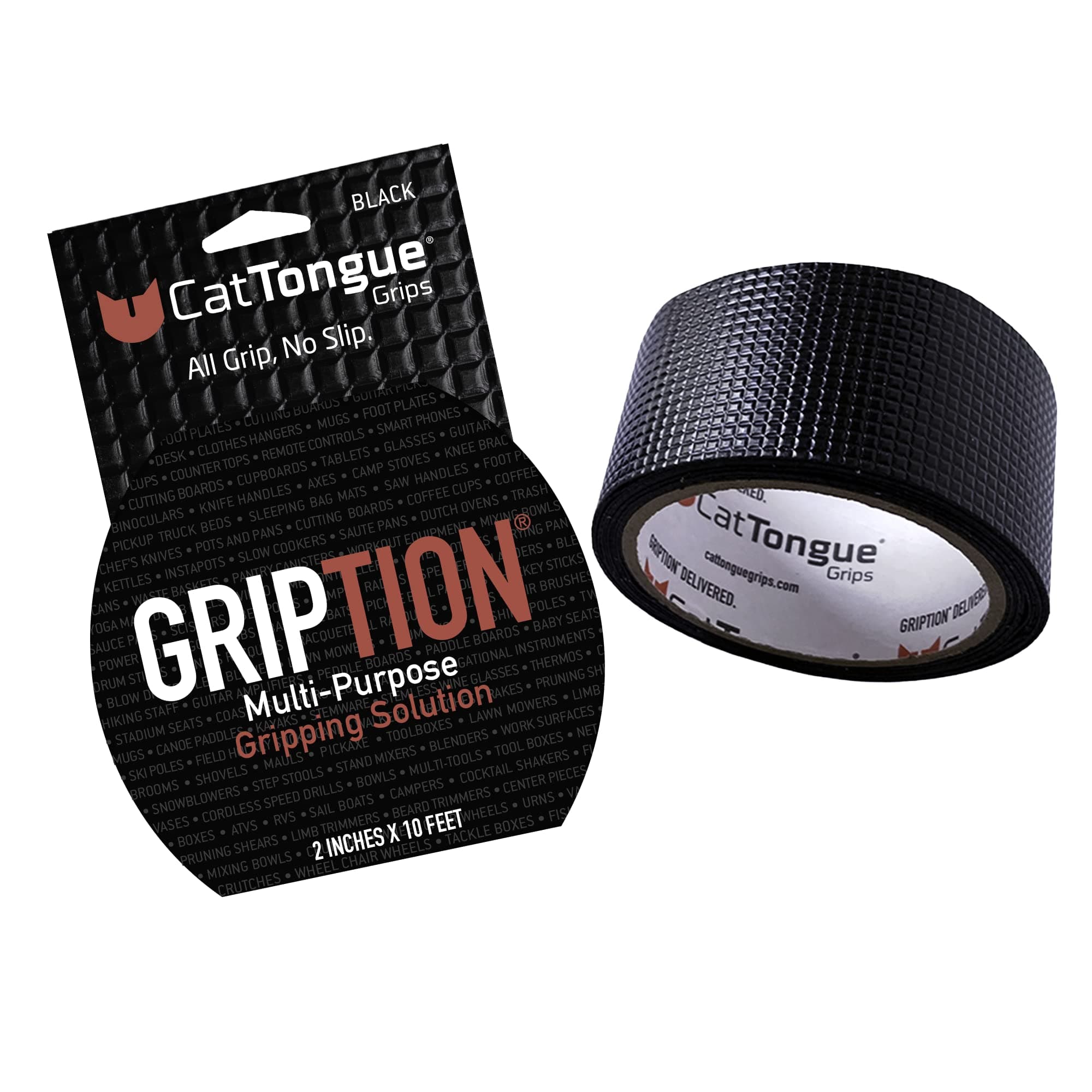 CATTONGUE GRIPS Non-Abrasive Grip Tape Roll - 2” Wide Heavy-Duty, Waterproof Anti-Slip Tape for Bathtubs, Stair Treads, Ramps & More - Indoor & Outdoor Non-Skid Solution (Black, 10ft)