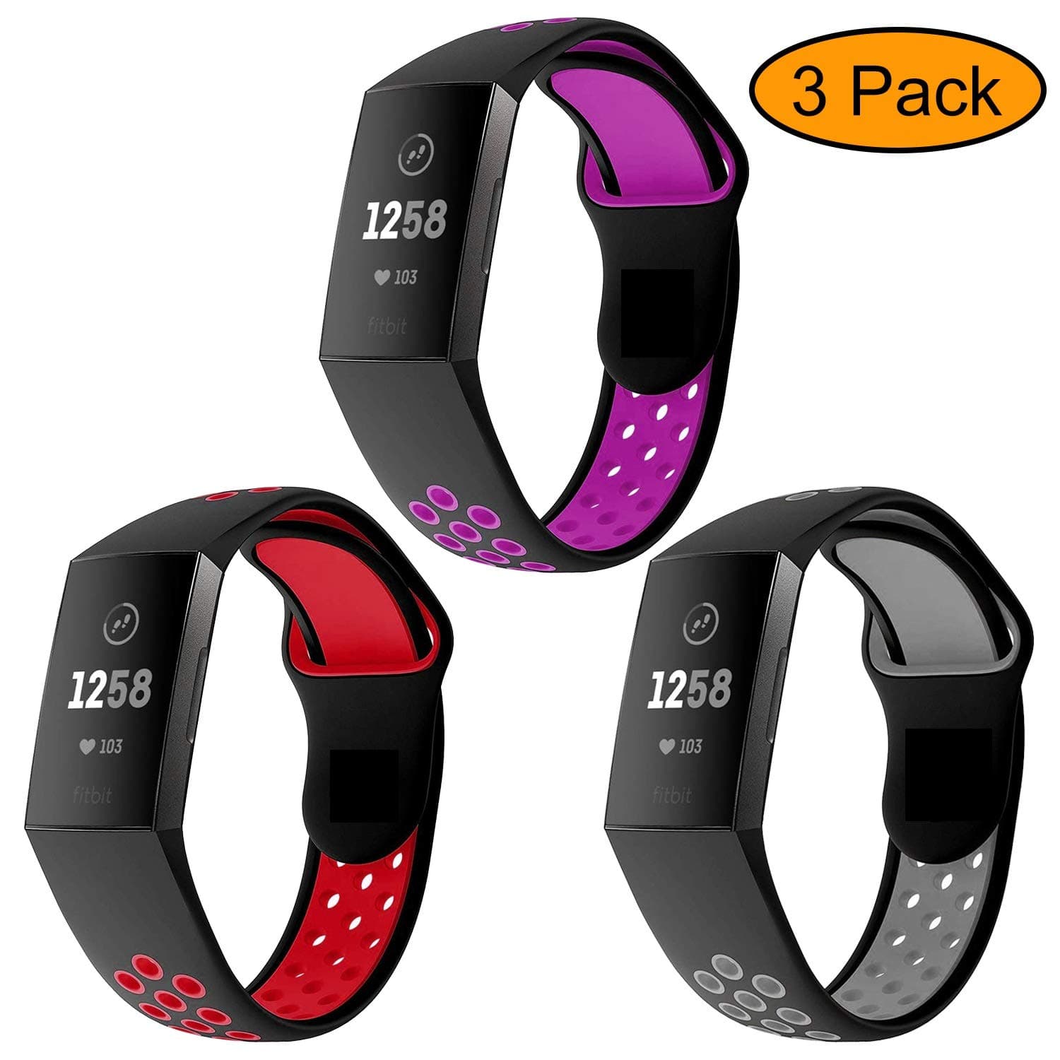 Neitooh 3 Packs Bands Compatible with Fitbit Charge 3/Charge 3 SE for Women and Men,Soft Silicon Waterproof Replacement Sports Strap with Breathable Holes