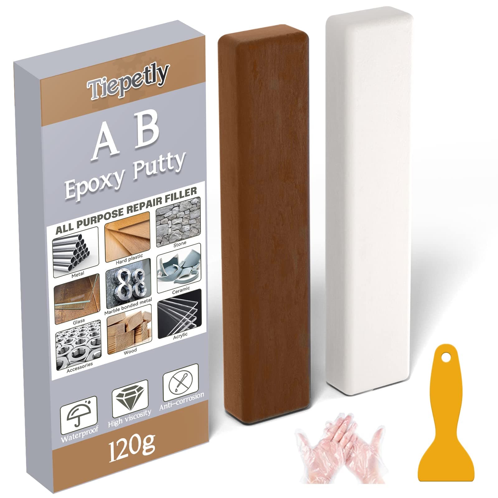 Tiepetly Epoxy Putty, 120g 2 Part Fast Repair Epoxy Glue for Wood, Hard Plastic, Glass, Ceramic Crack, Metal Filler, Heat Resistant and Waterproof