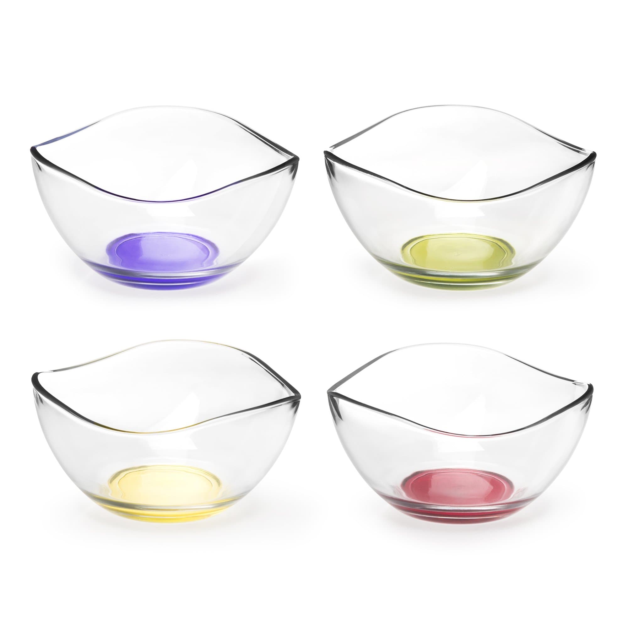 Splash of Color 4-Piece Mini Clear Glass Prep & Serving Bowl Set - Wave Design - 10.25 Oz - Red, Purple, Yellow & Green