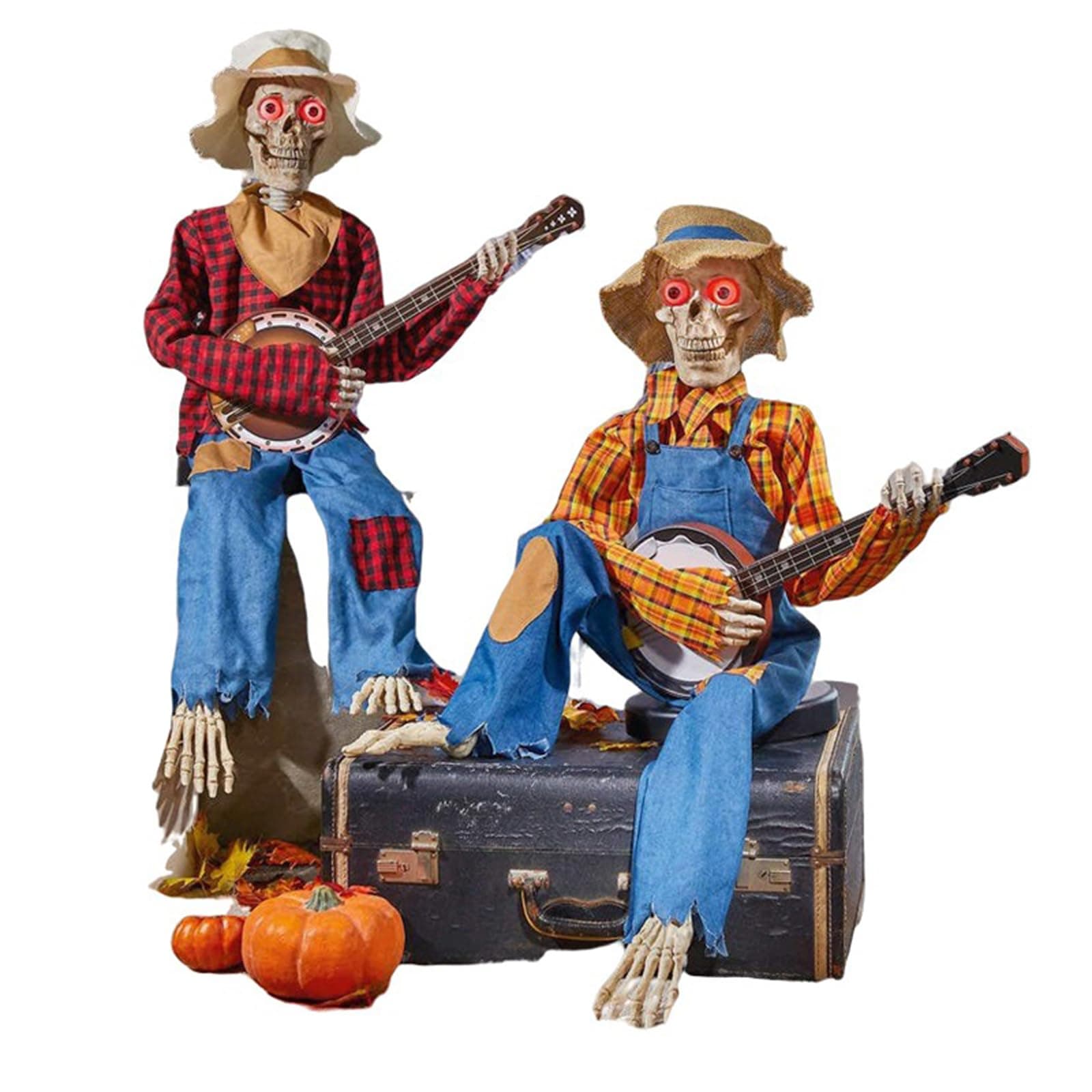 Funny Animated Dueling Banjo Skeletons,Halloween Animated Banjo Skeletons,With Light up Eyes and Adjustable Joints,2023 Latest Horror Night Gifts,For Halloween Indoor Decor (Red+Yellow,Luminous)