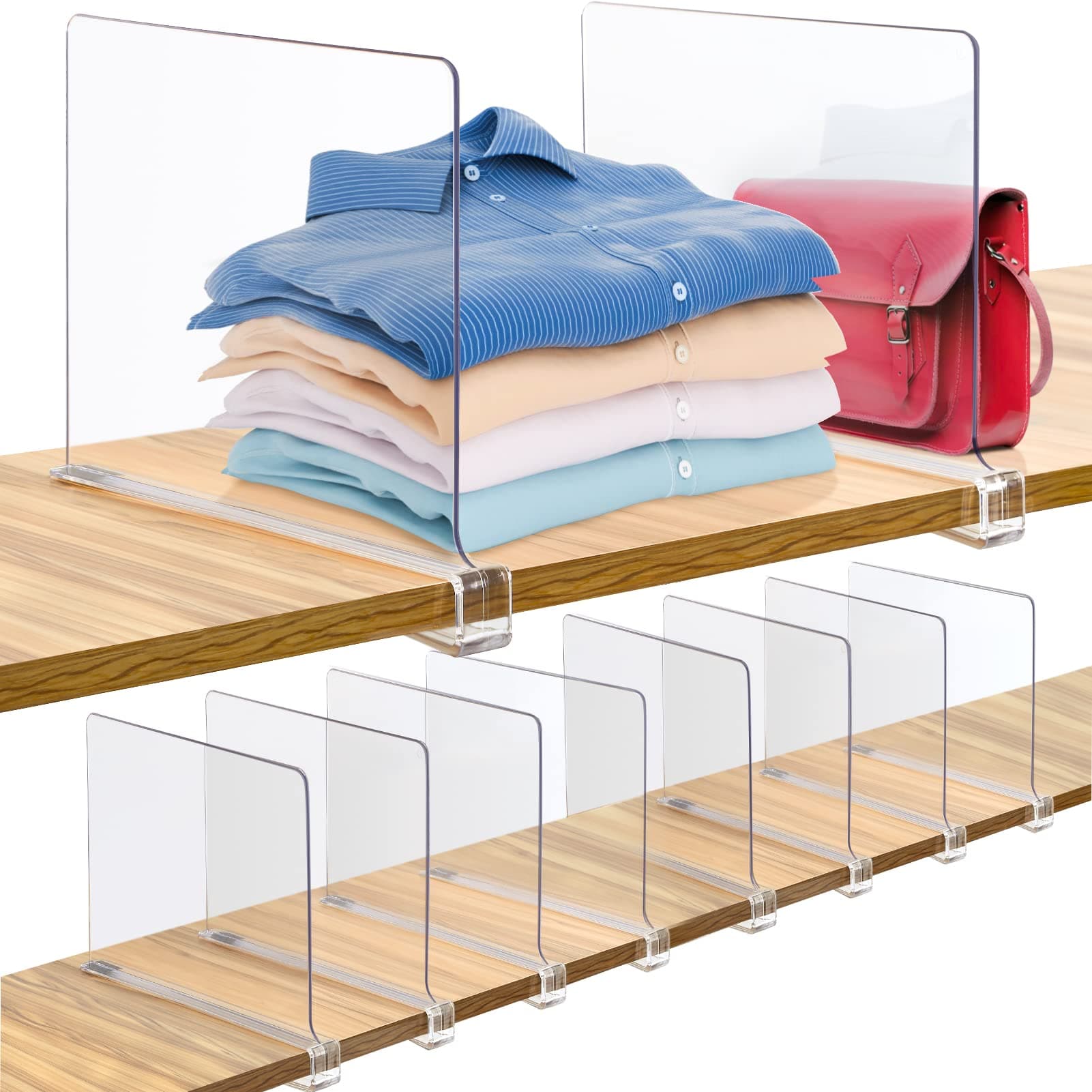Consevisen Shelf Dividers for Closet Organization and Storage, 10 Pack Acrylic Clear Closet Shelf Dividers for Wood Shelves, Vertical Sweater Handbag Purse Organizer for Bedroom Kitchen Office
