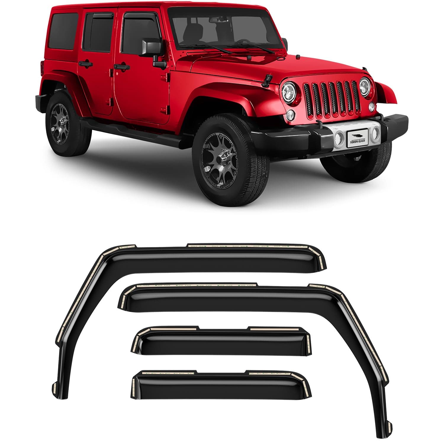 Voron Glass in-Channel Extra Durable Rain Guards for Jeep Wrangler JK 2007-2018, Window Deflectors, Vent Window Visors, 4 Pieces - 220246