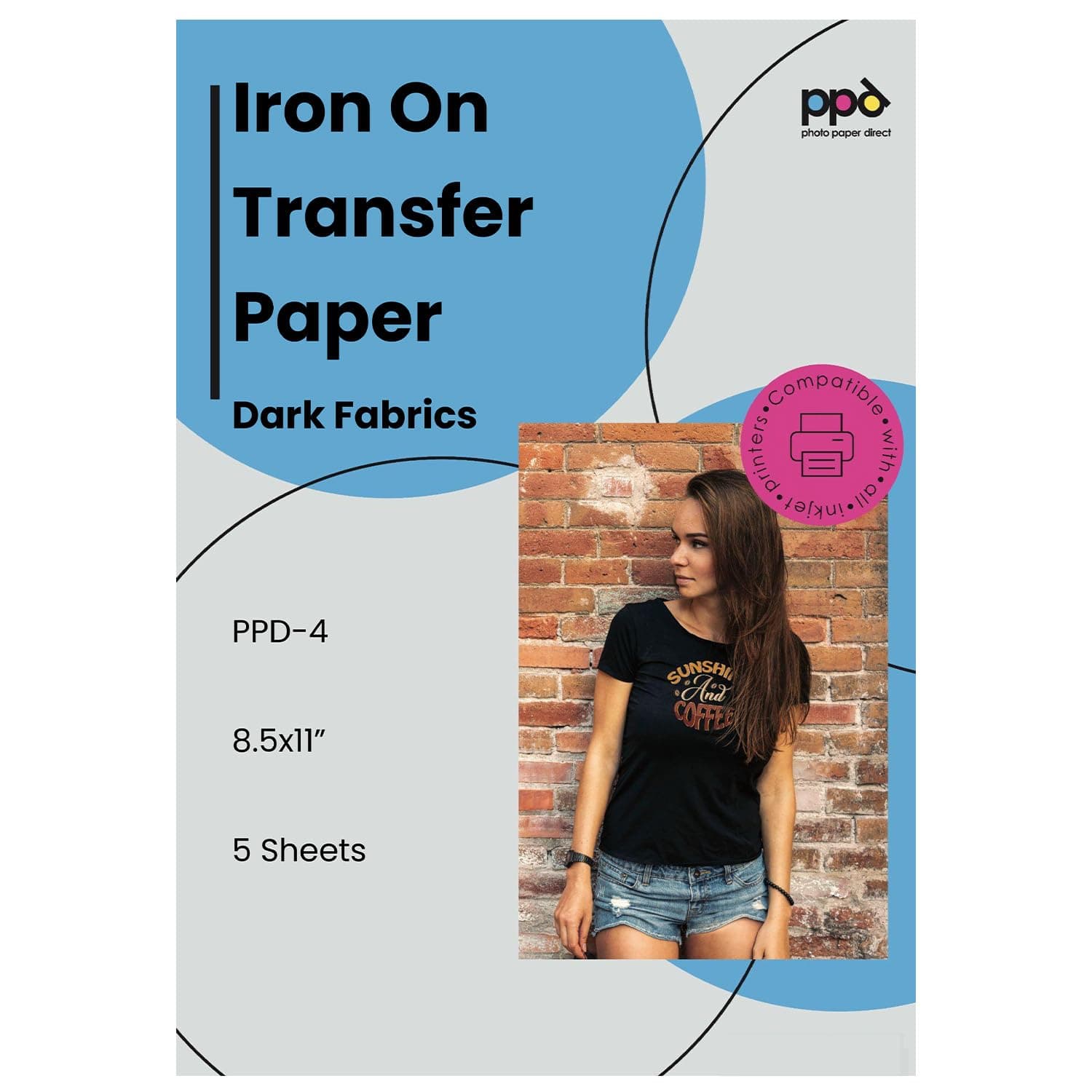 PPD 5 Sheets 8.5x11 - Inkjet Iron-on Heat Transfer Paper for Black & Dark Fabric and T-Shirts - Premium - PPD-4-5