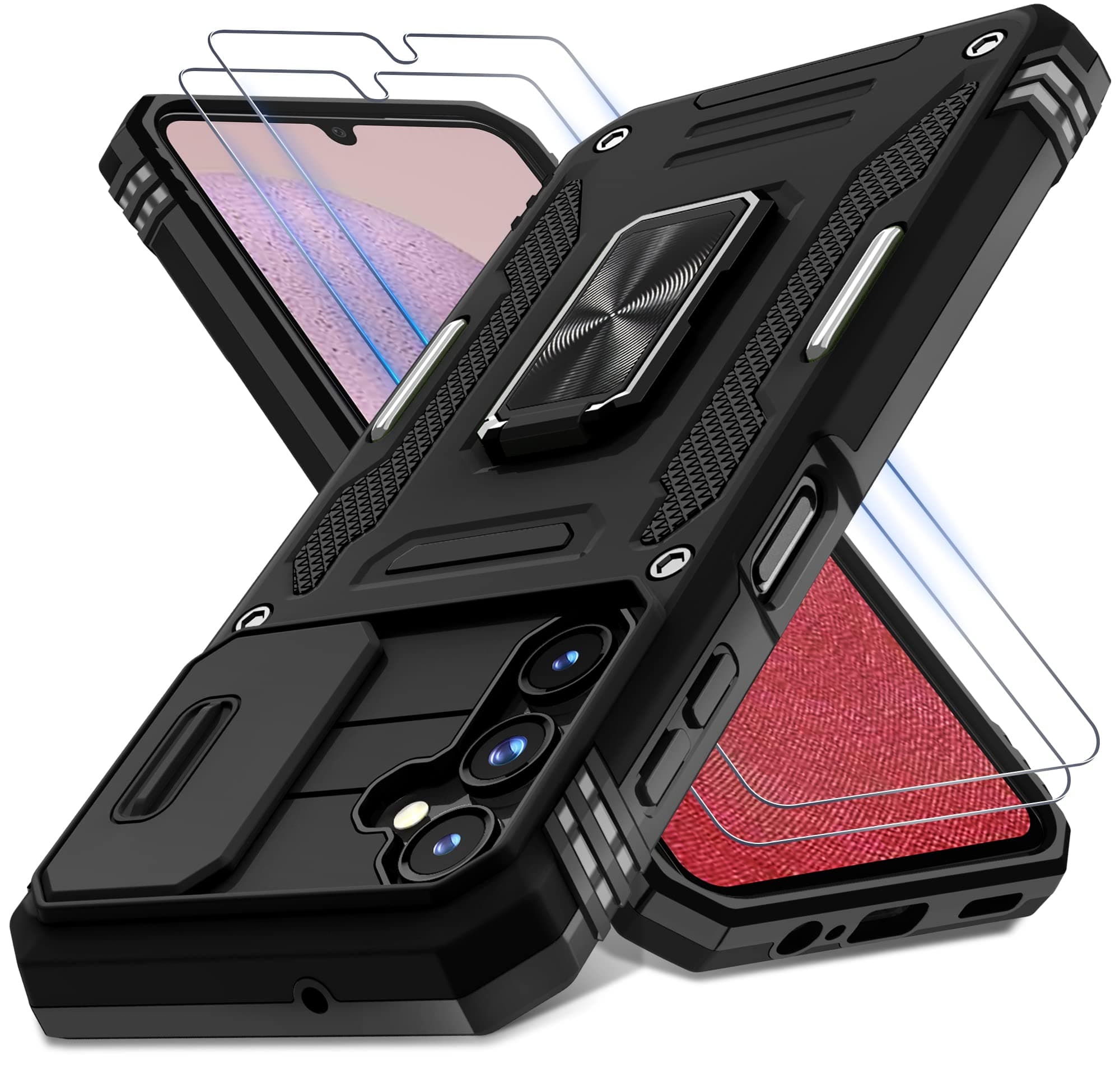 Case for Samsung Galaxy A14 5G with Slide Camera Cover+Screen Protector(2 Packs),Rotated Ring Kickstand Military Grade Shockproof Protective Cover-Black