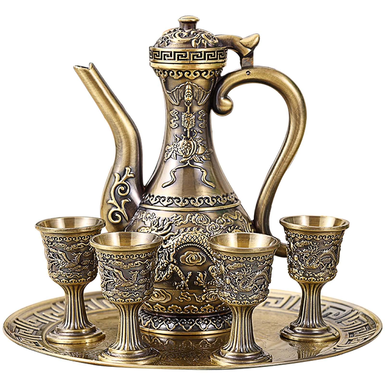 Vintage Turkish Coffee Pot and Cups Set,Teapot Tea Service Set Including 4 Metal Cups and Tea Tray for Tea Table Decor,Wedding Ornament (Bronze)