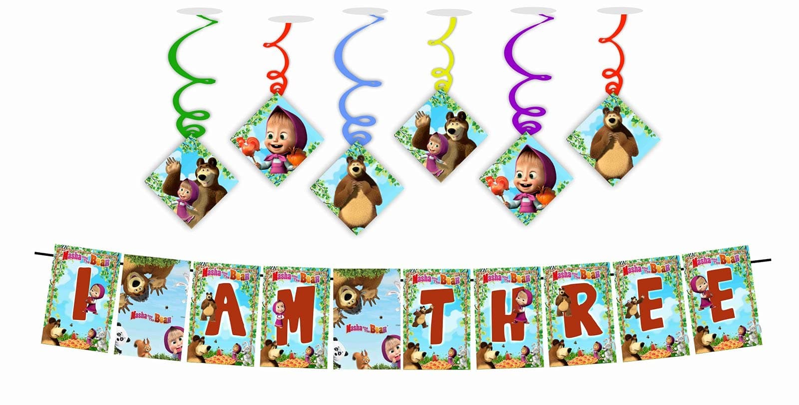 Balloonistics The Bear and Mesha Theme Birthday Decoration Hanging and Banner for Photo Shoot Backdrop and Theme Party (3rd Birthday Banner + 6 Swirls)