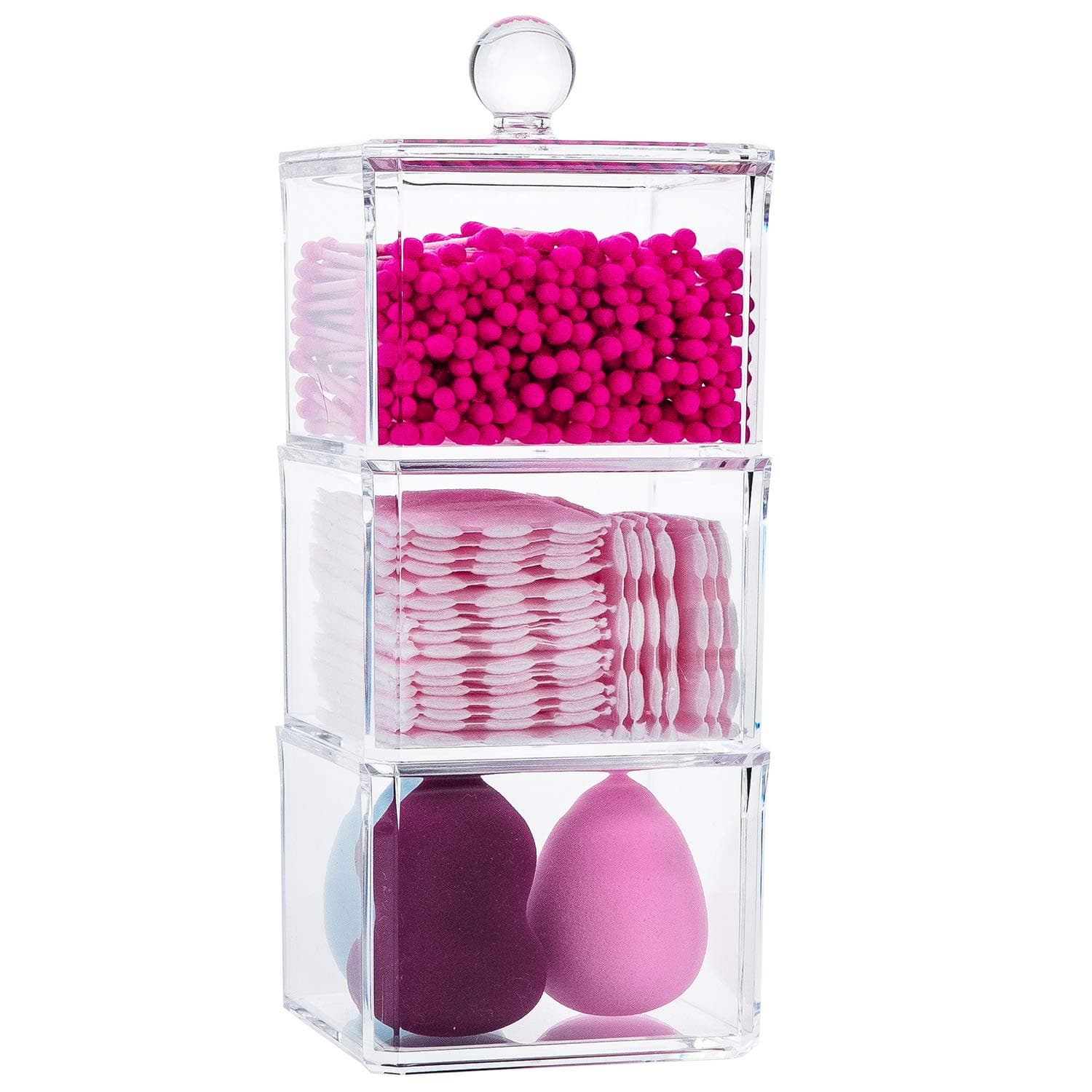 Yoelrsa Clear Acrylic Cotton Swabs and Balls Storage Box, Dustproof Dispenser Organizer with Lid for Bathroom, 3 Square Stackable Sets Makeup Holder for Cosmetics, Jewelry, Snacks, Q-Tips (6019C)