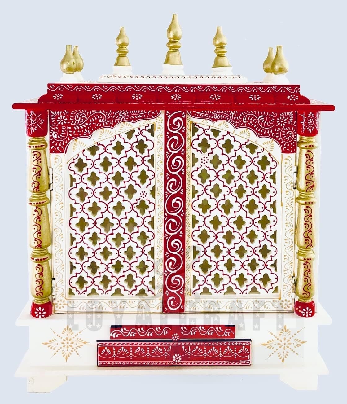 LOYALCRFAT Wooden Temple Large Size 24x12x30 Home Temple/Home mandir/god Stand for Home/Pooja Stand/Home mandap/mandapam/Pooja mandir with Doors (Large 24x12x30 WxDxH INCH, White red Golden)