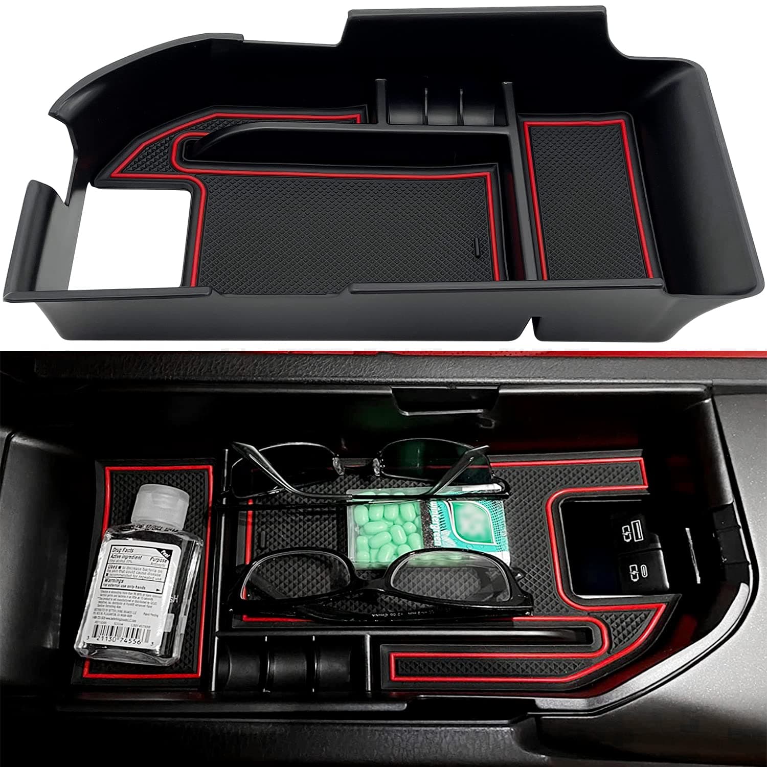 EVTIME Compatible with Camry XLE or XSE 2018-2021 2022 2023 2024 & Camry LE SE 2020-2023 2024 Center Console Organizer Tray Accessories, Armrest Secondary Storage Box, Fit Dual USB Ports (Red)