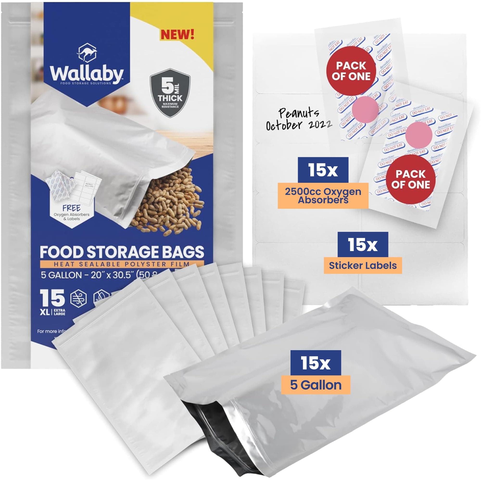 Wallaby 15 Count 5-Gallon Mylar Bags with 2500cc Oxygen Absorbers, 10 Mil Total Thickness Long-Term Food Storage Pouches, 20x30 Resealable Zipper Heat-Sealable Airtight Packaging - Silver