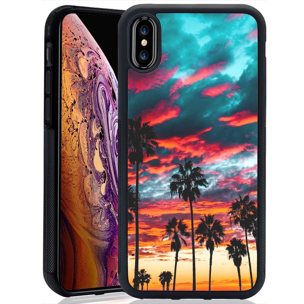 iPhone Case for iPhone Xs Max - iNeworld Black TPU and PC Soft Rubber Protection Anti-Slippery &Fingerprint Case for iPhone Xs Max(Palm Tree Cloud)