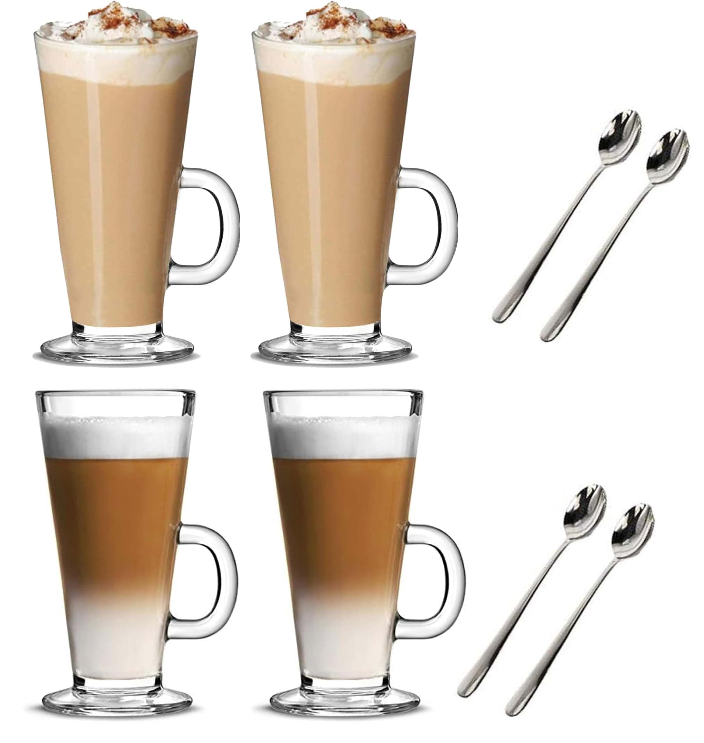 300ML Latte Glass Tea Coffee Cup Mug (Compatible with TASSIMO & Dolce Gusto) (4 Pack 300ML+Spoons)
