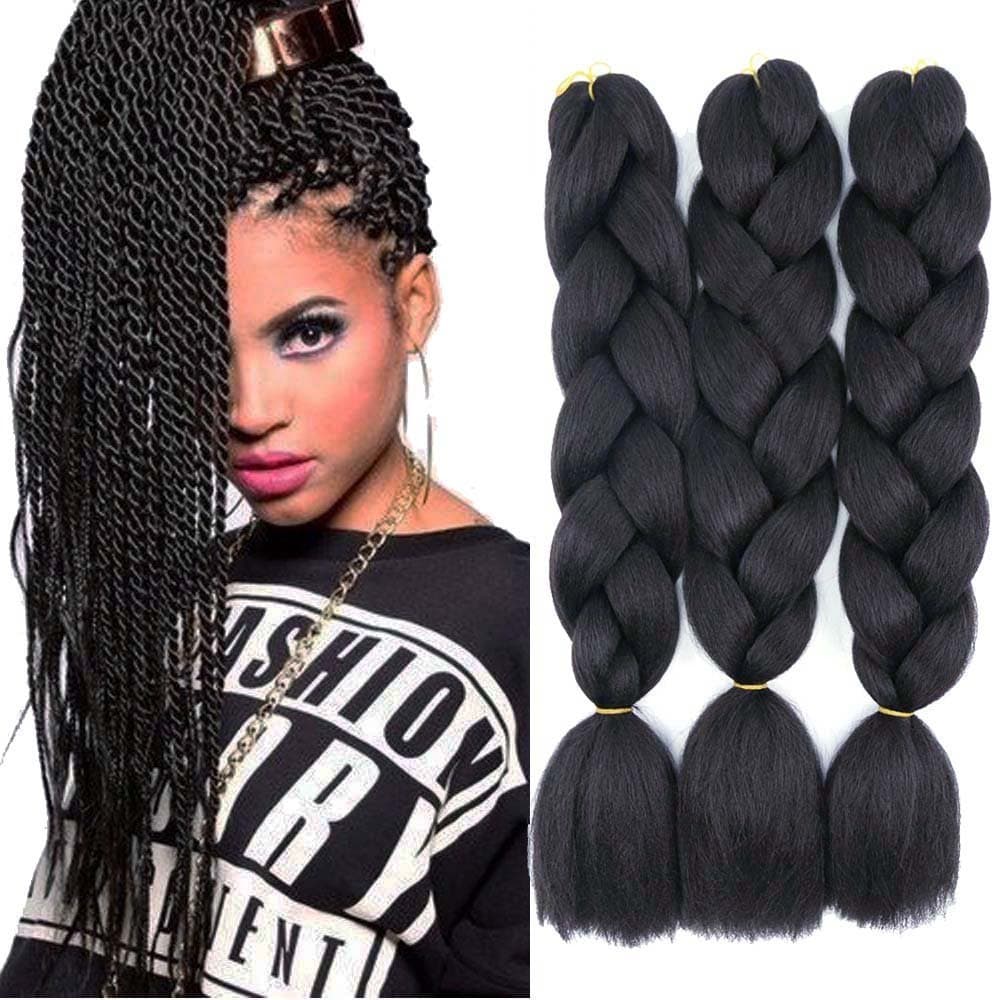 Original Jumbo Braids Hair Extension 3pcs Pure Black Color 24inch 100g/pc For Twist Box Braiding Hair (1B black)