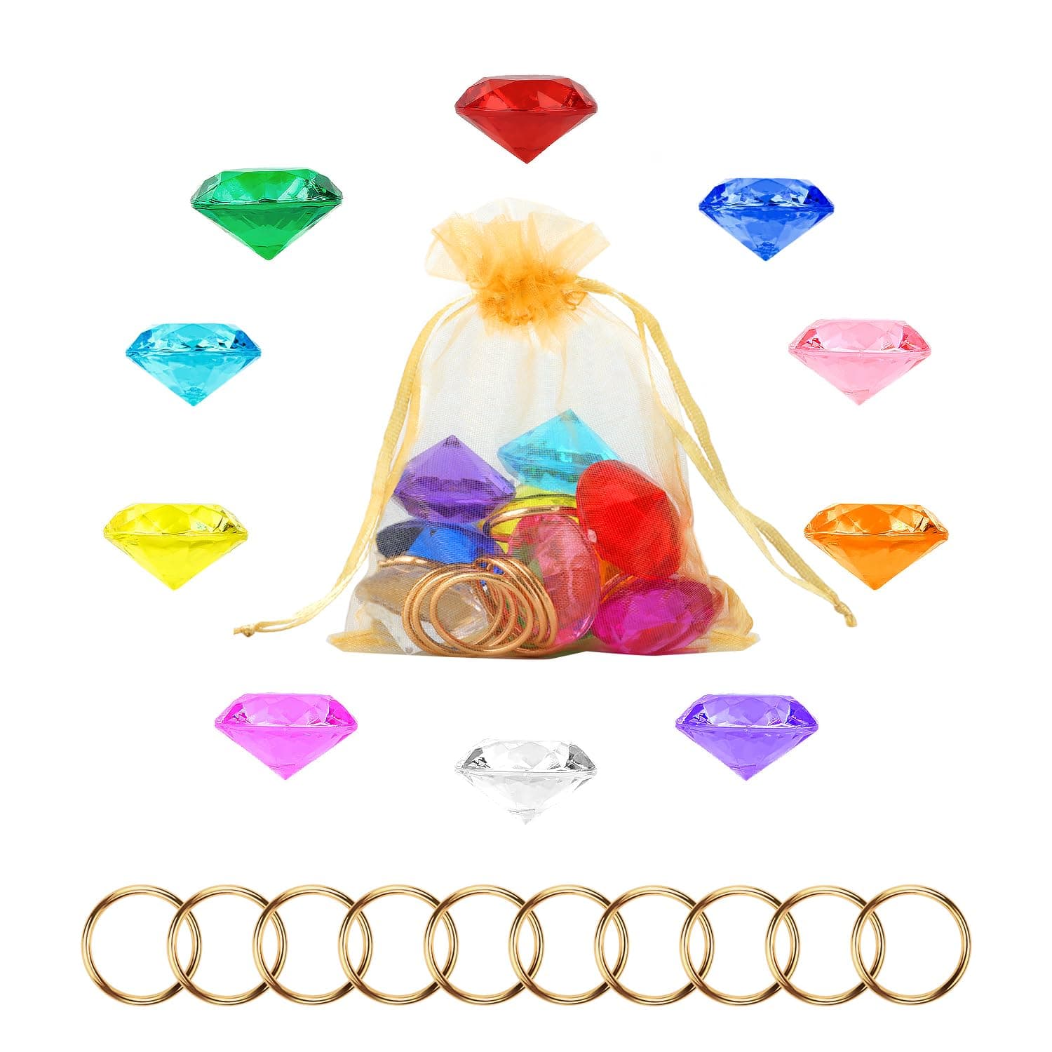 Chaos Emeralds and Rings Set, Include 10pcs Acrylic Crystal Diamond Gems with 10pcs Gold Power Rings Pirate Treasure Hunt Jewels for Kids Birthday Party Favor Supplies Cake Decoration
