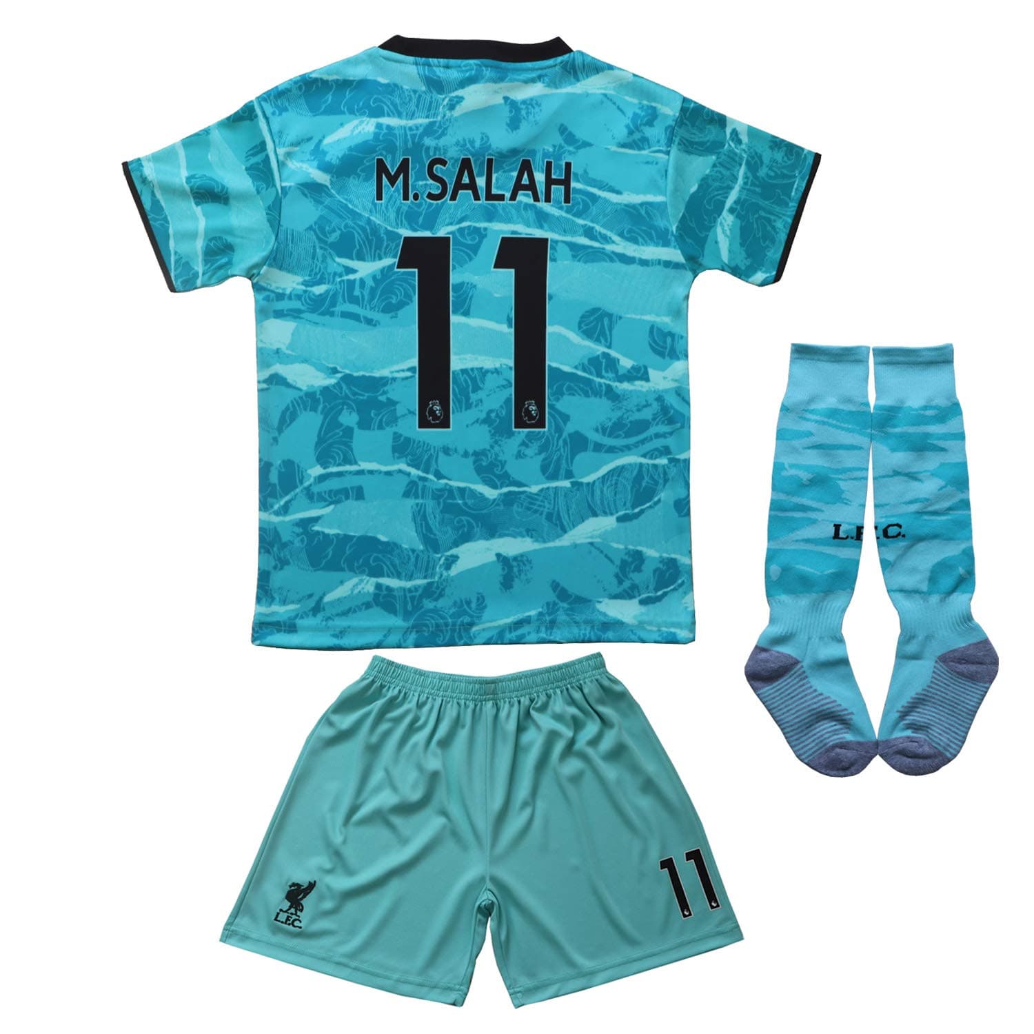 BIRD BOX 2020/2021 Liverpool Away #11 Mo Salah Blue Soccer Kids Jersey Shorts Socks Set Youth Sizes (Blue, 24 (6-7 Years))