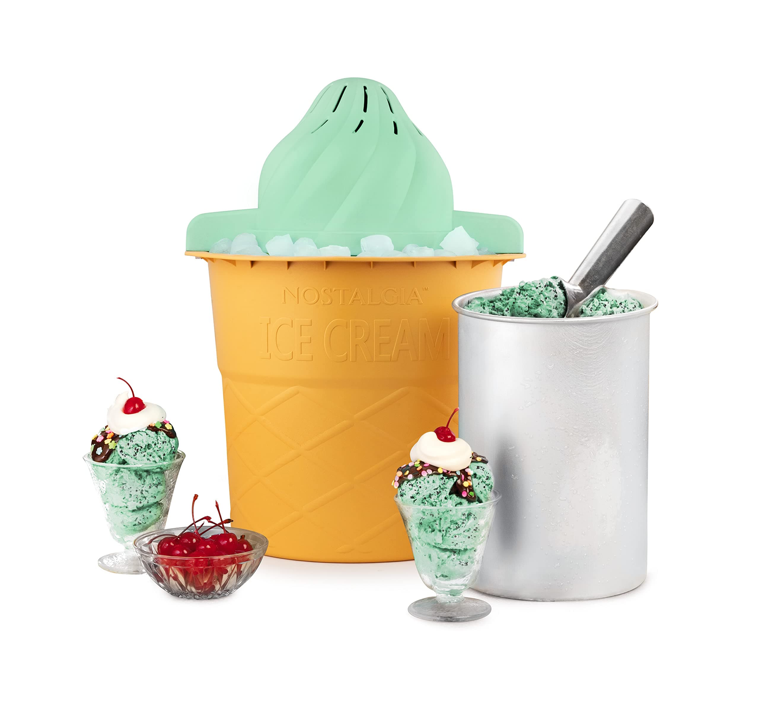 Nostalgia4-Quart Swirl Cone Ice Cream Maker, Classic Soft Serve Design, Easy to Use, Instructions and Recipes Included, Mint Green Color
