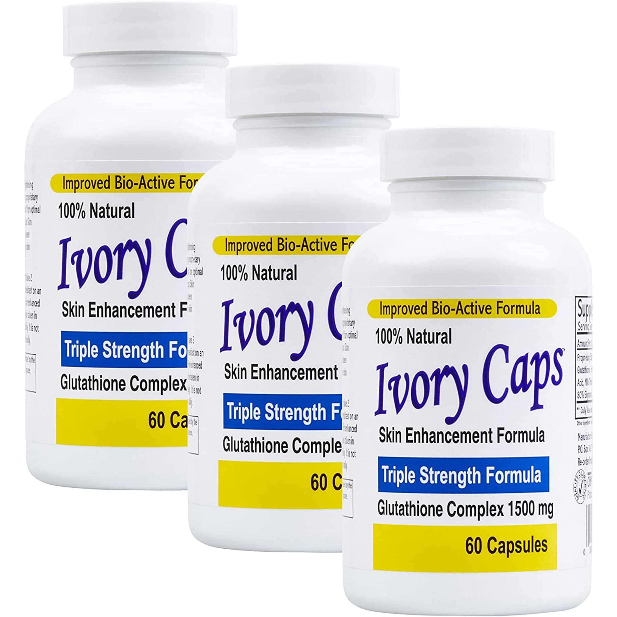 Ivory Caps (3 Pack) **BEST VALUE**- Maximum Potency Glutathione 1500"Skin Whitening" Complex