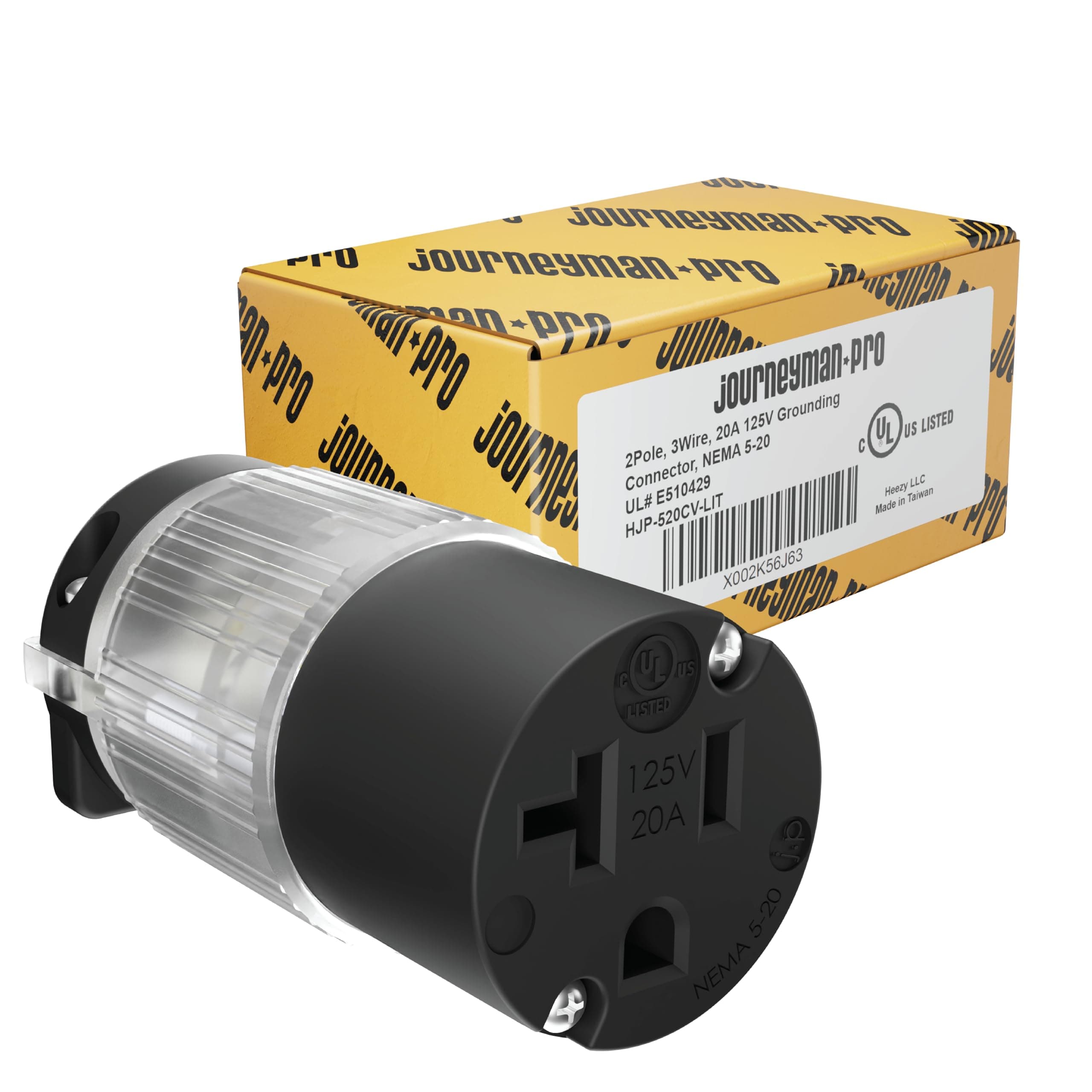 Journeyman-Pro - 520CV-LIT 20 Amp 120-125V NEMA 5-20R Lighted Female Plug End Replacement, 2-Pole 3-Wire Straight Blade Heavy Duty Extension Cord Connector, Commercial Grade PVC (Black LIT, 1-Pack)