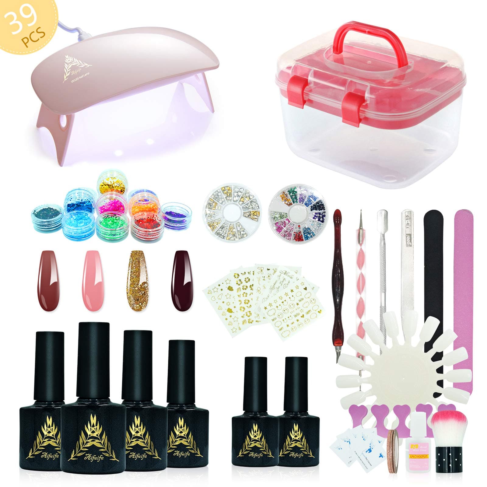 39pcs Nail Design Set, AIFAIFA at Home Gel Nail Kit with Nail Dryer for Starter, DIY Nail Kit with 4 Gel Polish, Base Top Coat, Rhinestone Glitter Sticker Nail Glue Striping Tape, Pack in Storage Box