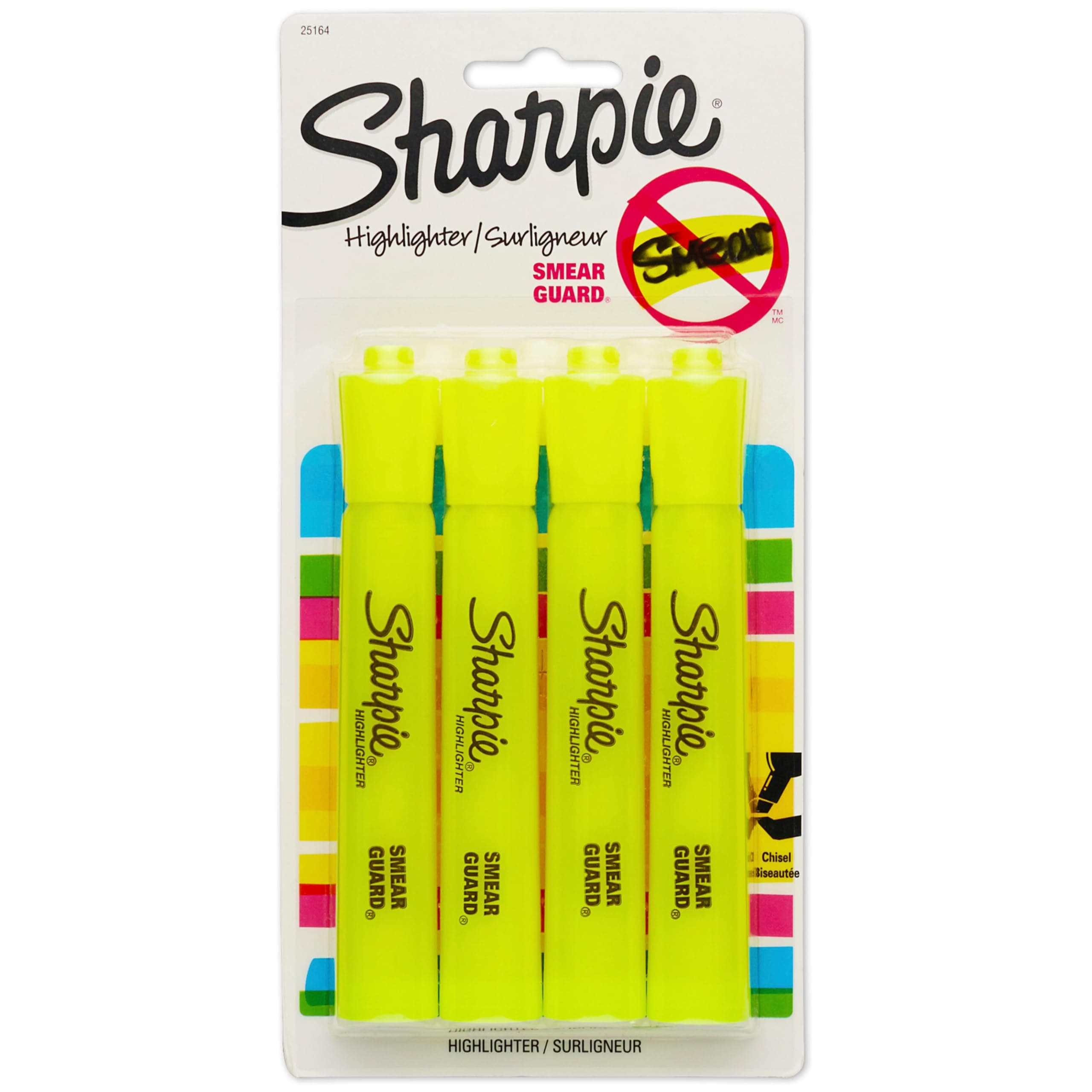 Tank Style Highlighters, Chisel Tip, Fluorescent Yellow, 4 Count