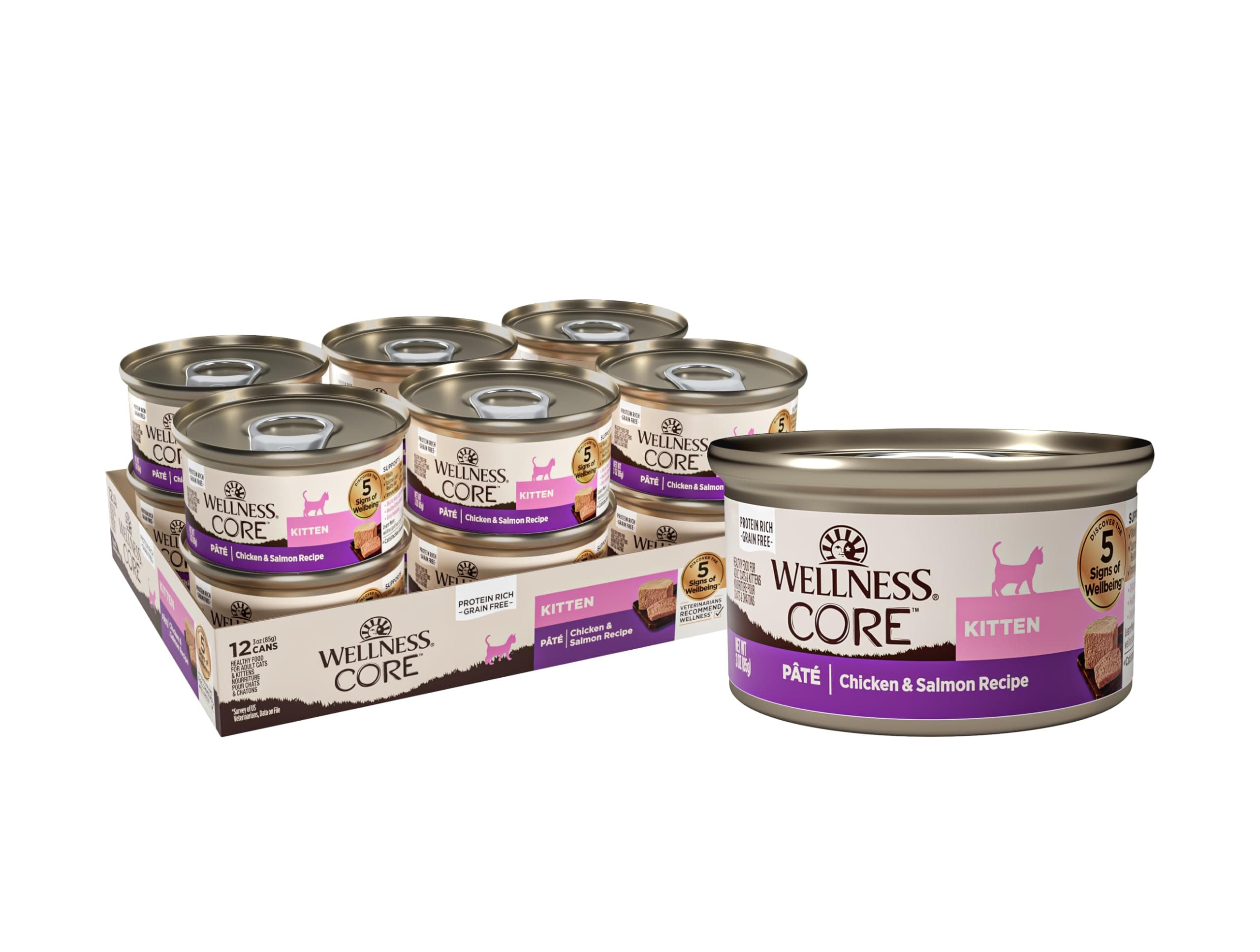 Wellness CORE Pate Kitten Wet Cat Food, Natural, Protein-Rich, Grain Free, 3 Ounce, 12 Pack (Chicken & Salmon)