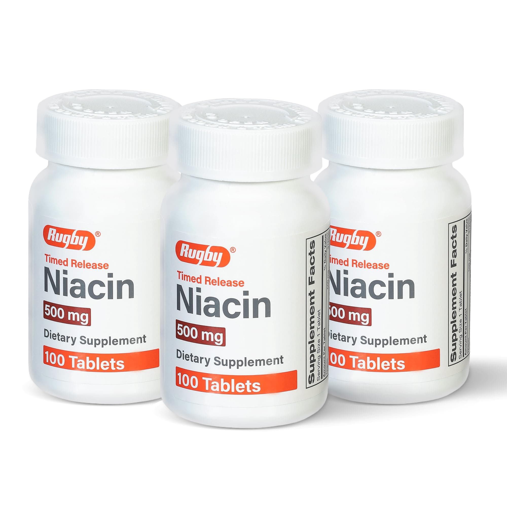 Rugby Timed-Release Niacin 500mg with 28mg Calcium, Dietary Supplement for Energy, Circulation and Metabolism Support, 100 Tablets (3 Pack)