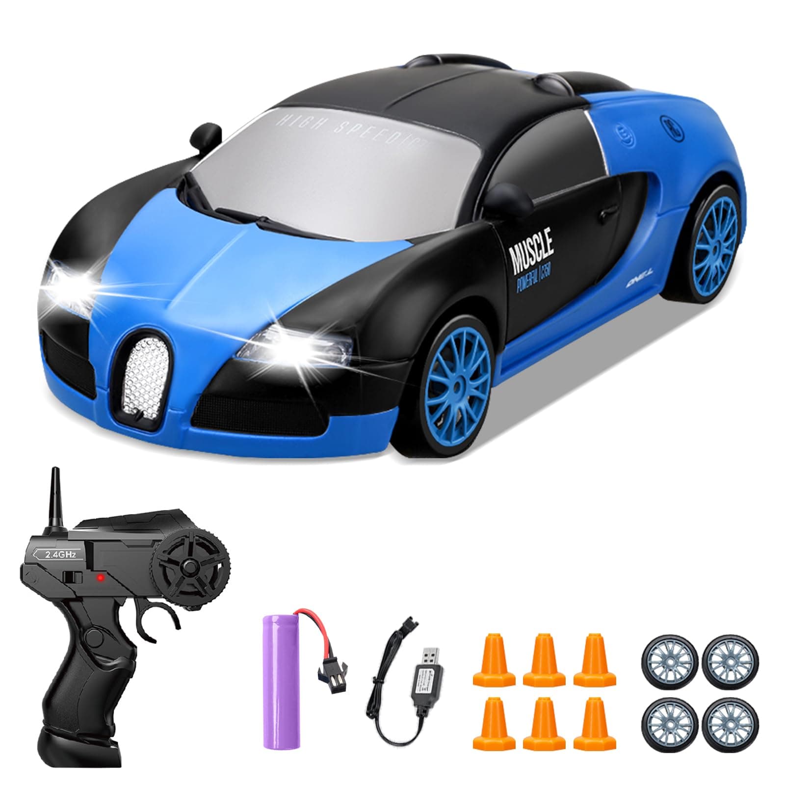 RC Drift Car, 1:24 4WD Drifting RC Cars 2.4GHz High Speed Remote Control Car with LED Light and Drift Tires Racing Toy Cars for Kids Boys Girls Adults, Blue