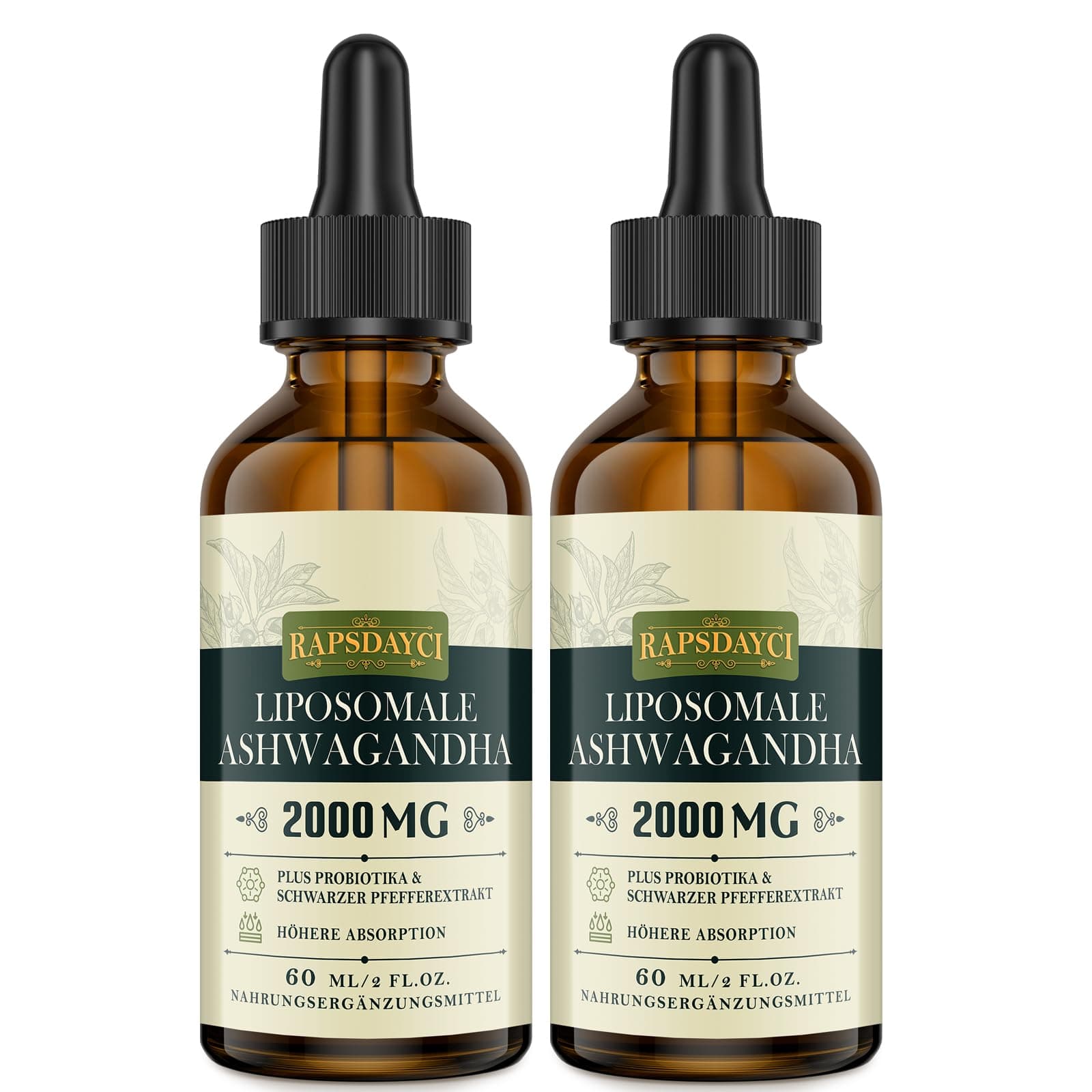 2000mg Liposomal Ashwagandha Liquid Drops, Pure High Strength Ashwagandha Root Extract with 7% Withanolides, 5X Concentration, Absorbed Faster Than Capsules, 60 ml (Pack of 2)