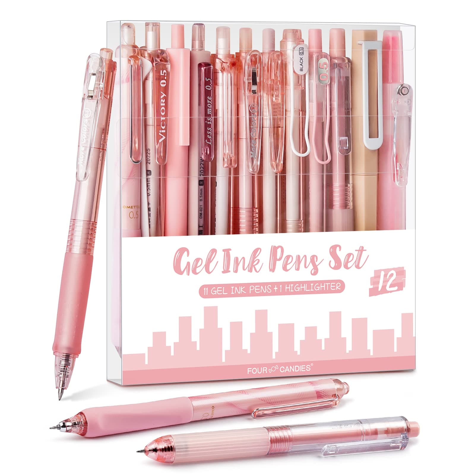 Four Candies Gel Pen Set, Cute Writing Pens with 0.5mm Fine Tip, Black & Pink Ink Pens with Highlighter, Aesthetic Stationery Supplies for School, Office, Pack of 12 - Rose Series
