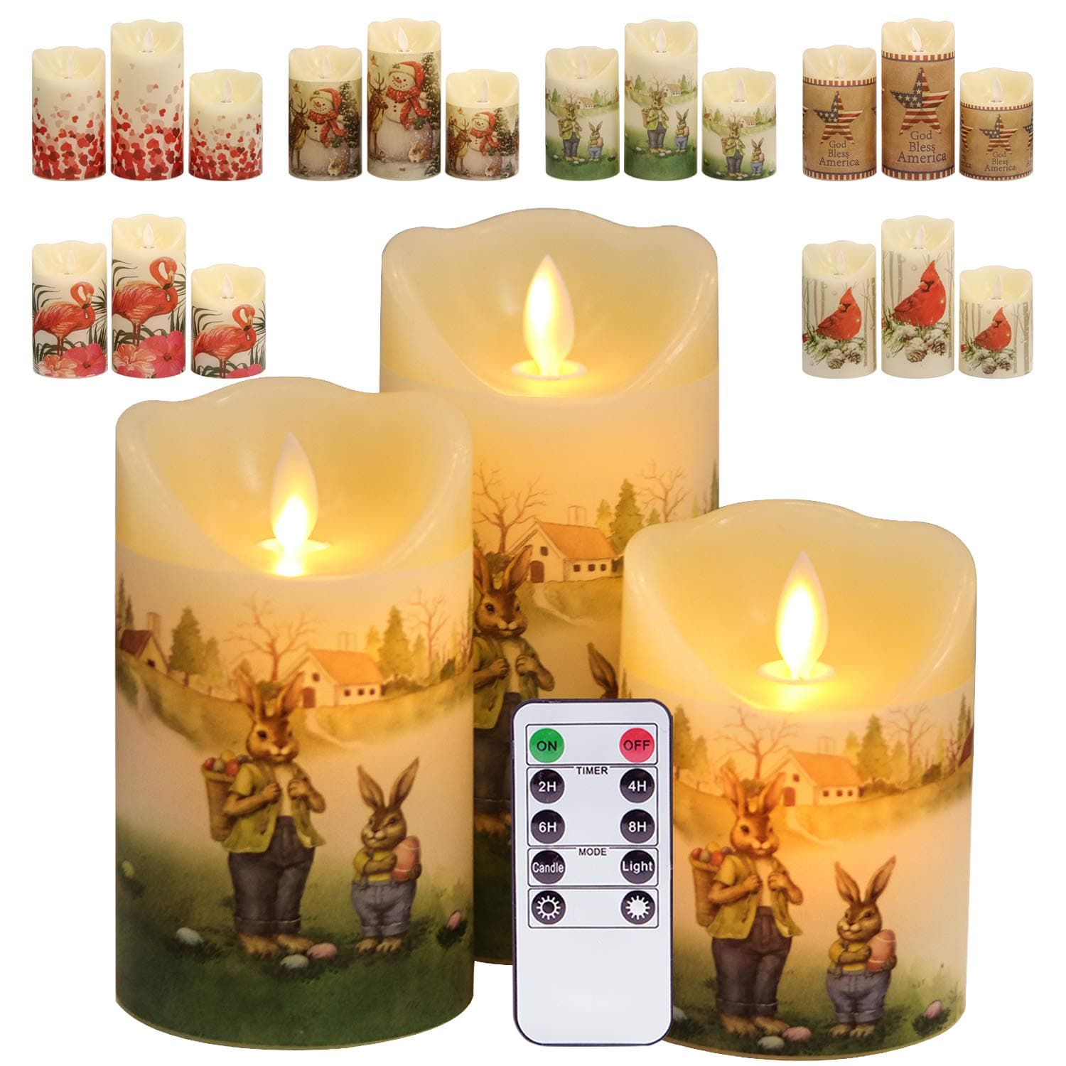 DRomanceEaster Bunny Flameless Flickering Candles Battery Operated with Remote and Timer 7 Style Decals LED Pillar Candles Real Wax Moving Wick Warm Light Christmas Holiday Decor D3 x H4, 5", 6"