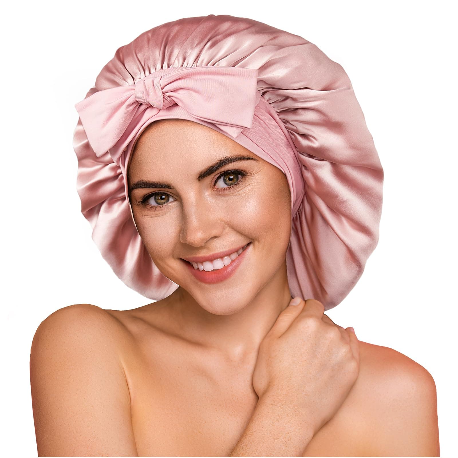 100% 22 Momme Mulberry Silk Bonnet for Sleeping Women, Larger Double Layer Silk Hair Wrap for Curly Short Long Hair, Non-Slip Sleep Cap Turban with Elastic Tie Band for Hair Care, Pink
