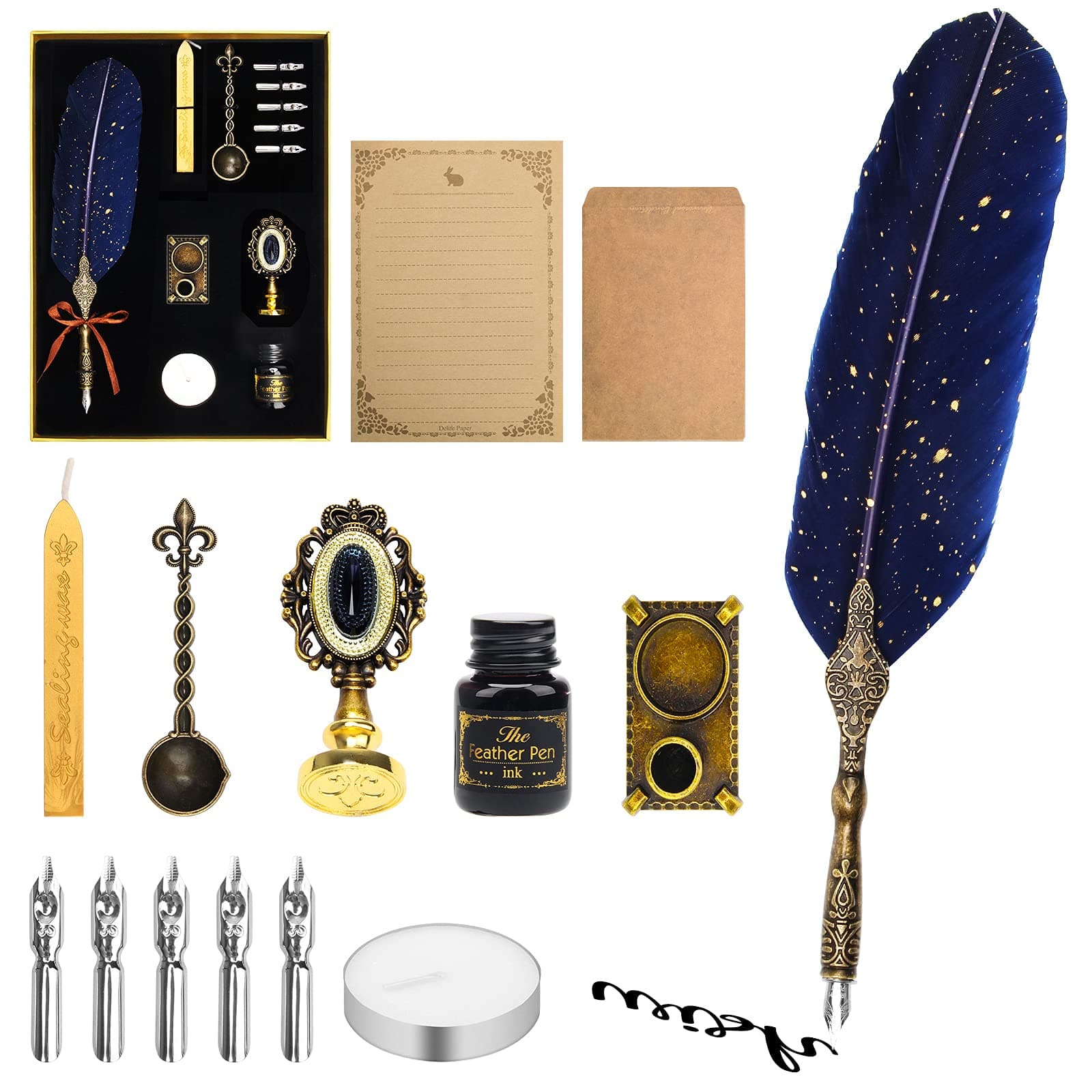 Quill Pen and Ink Set, Calligraphy Feather Pen Set with Wax Seal Stamp, Ink, Replacement Nibs, Spoon, Envelope Letter Paper, White Wax, Antique Quills (Blue)