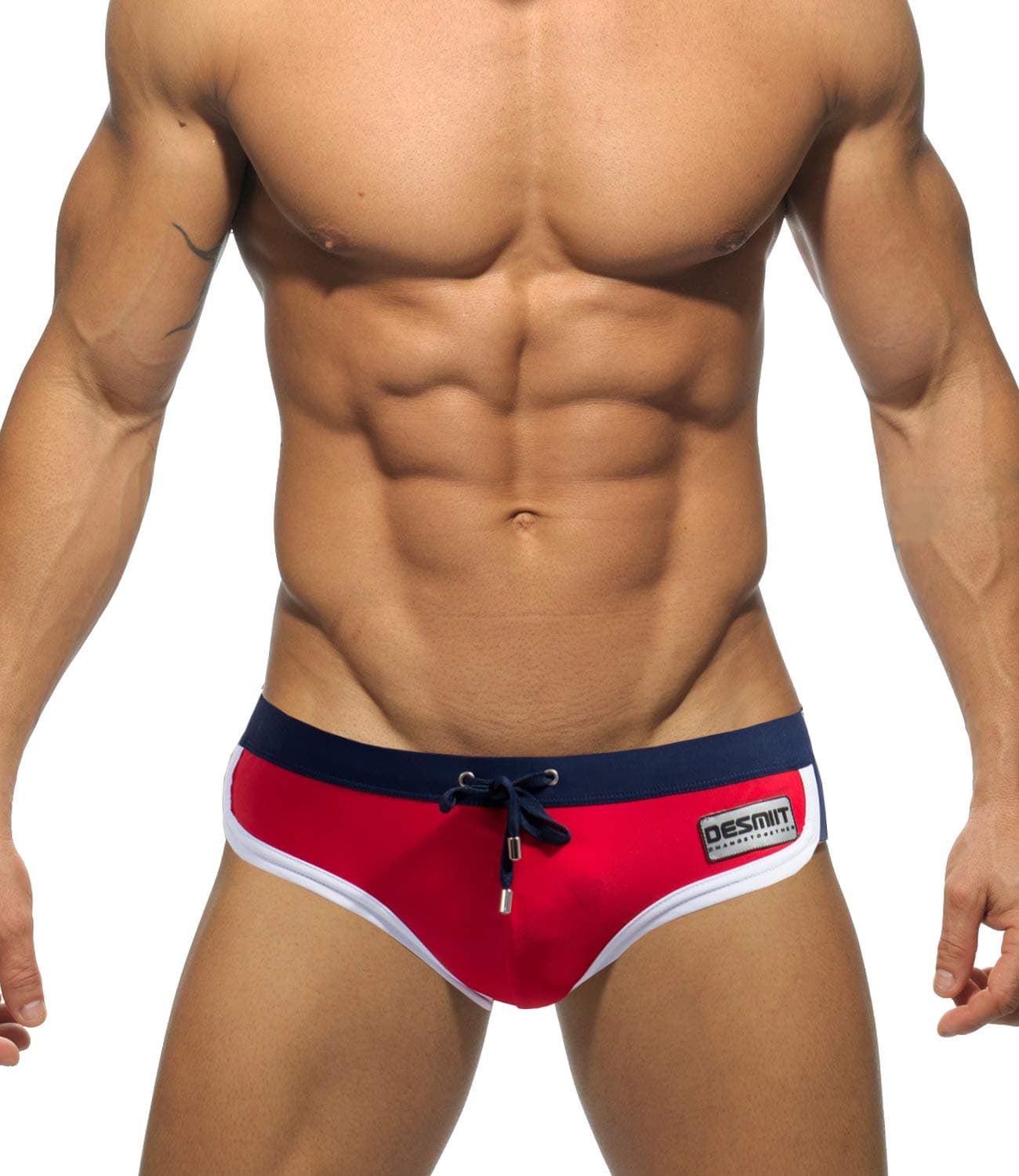 Men Sexy Low Rise Swim Trunk Bikini Brief Swimsuits with Adjustable Drawstrig (Red, US L/Asian Tag 2XL)