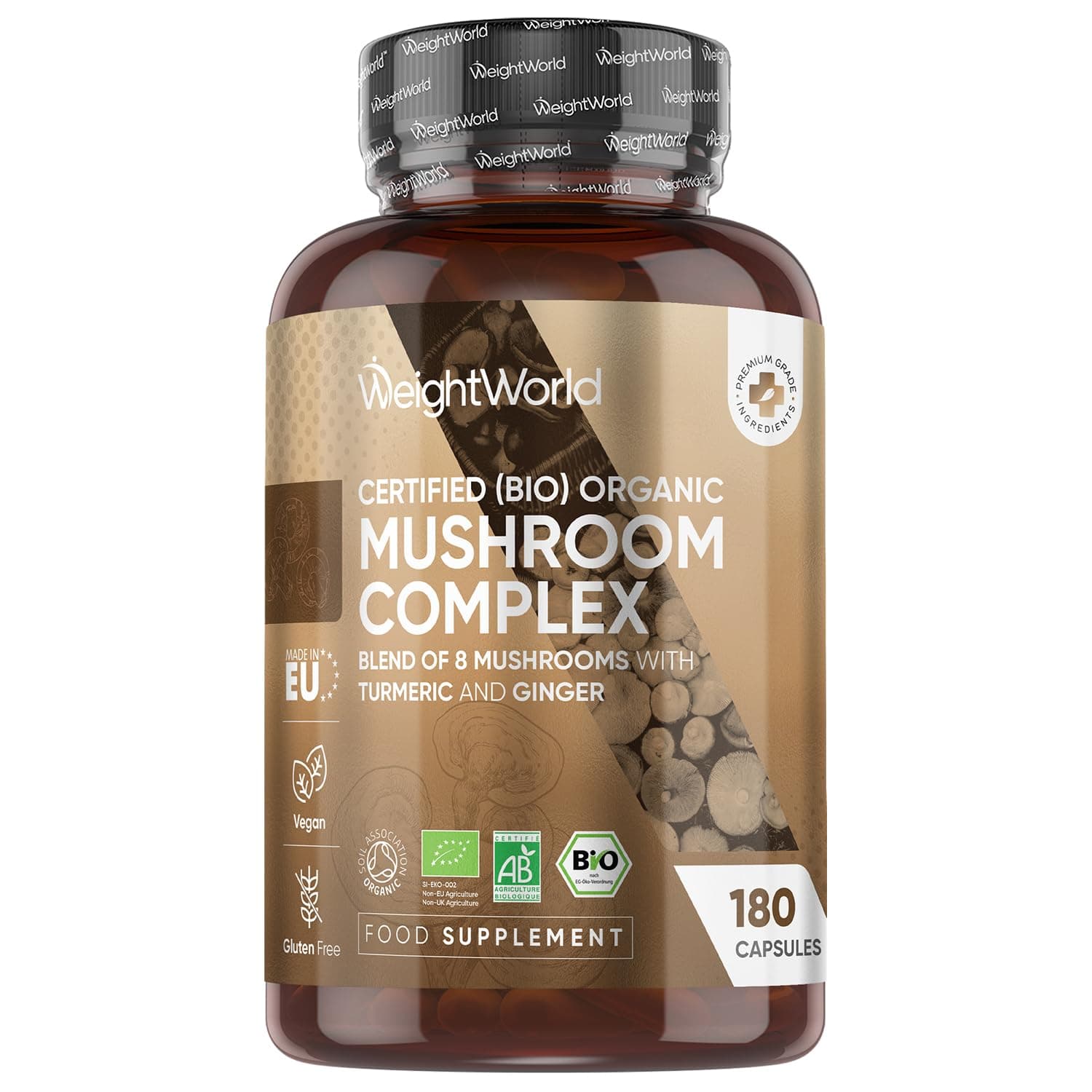 Organic Mushroom Complex | 180 Vegan Capsules | Lions Mane Mushroom, Cordyceps, Shiitake, Reishi, Chaga, Maitake & More | Added Turmeric & Ginger | Gluten-Free & Non-GMO | Made in EU