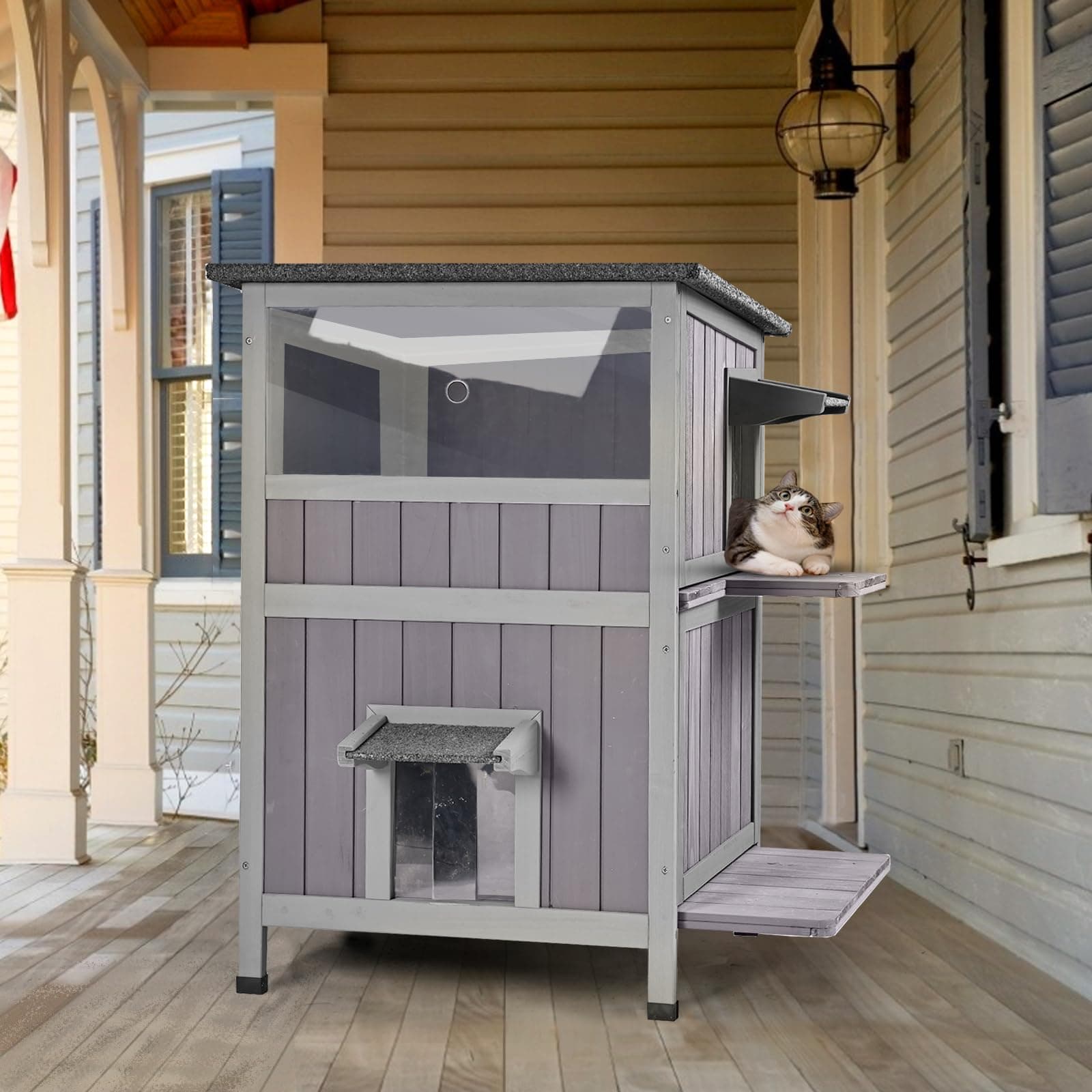 Aivituvin Outdoor Ferral Cat House 2 Story Cat Cottage Kitten Shelter with Window