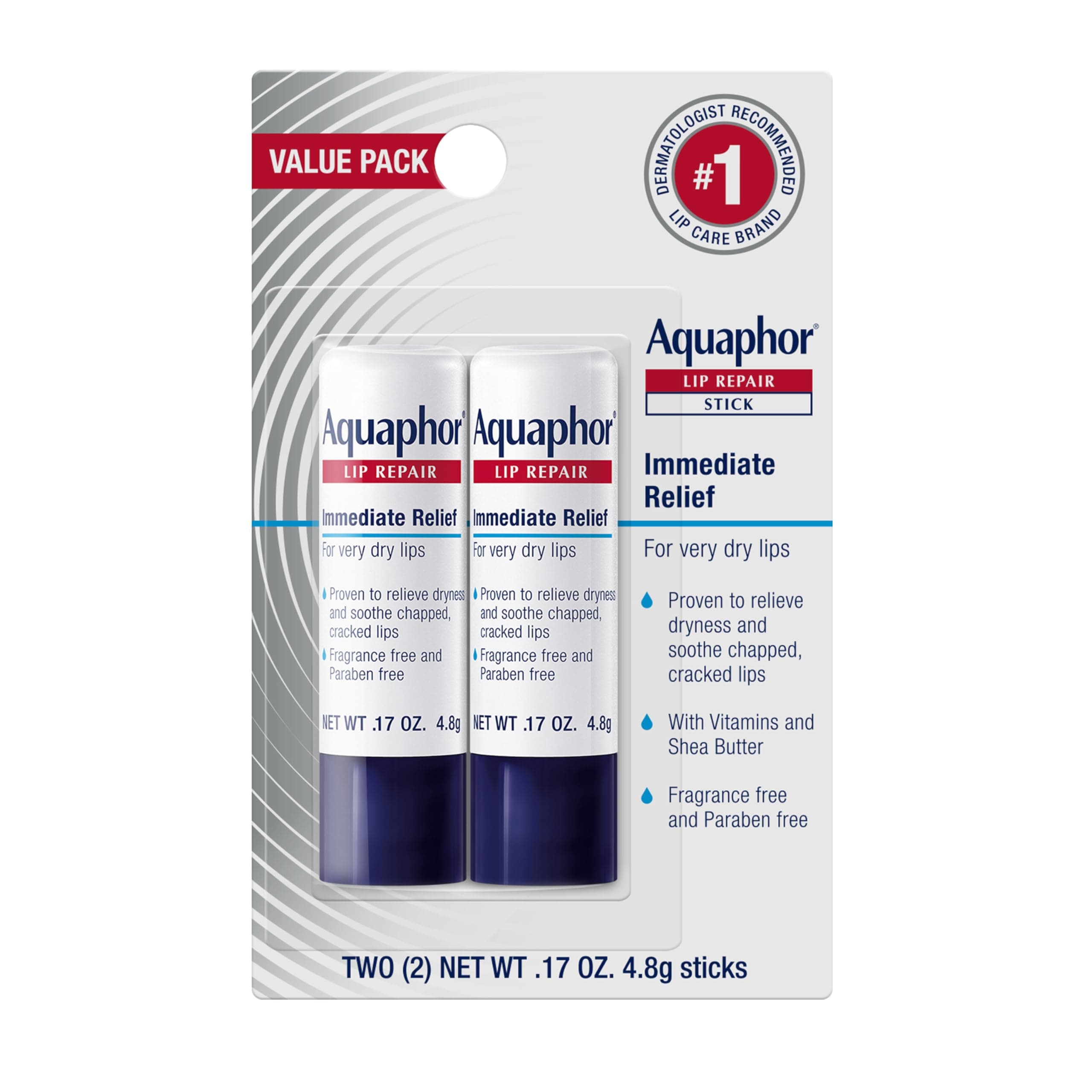 Aquaphor Lip Repair Stick - Soothes Dry Chapped Lips - Two .17 Oz Sticks