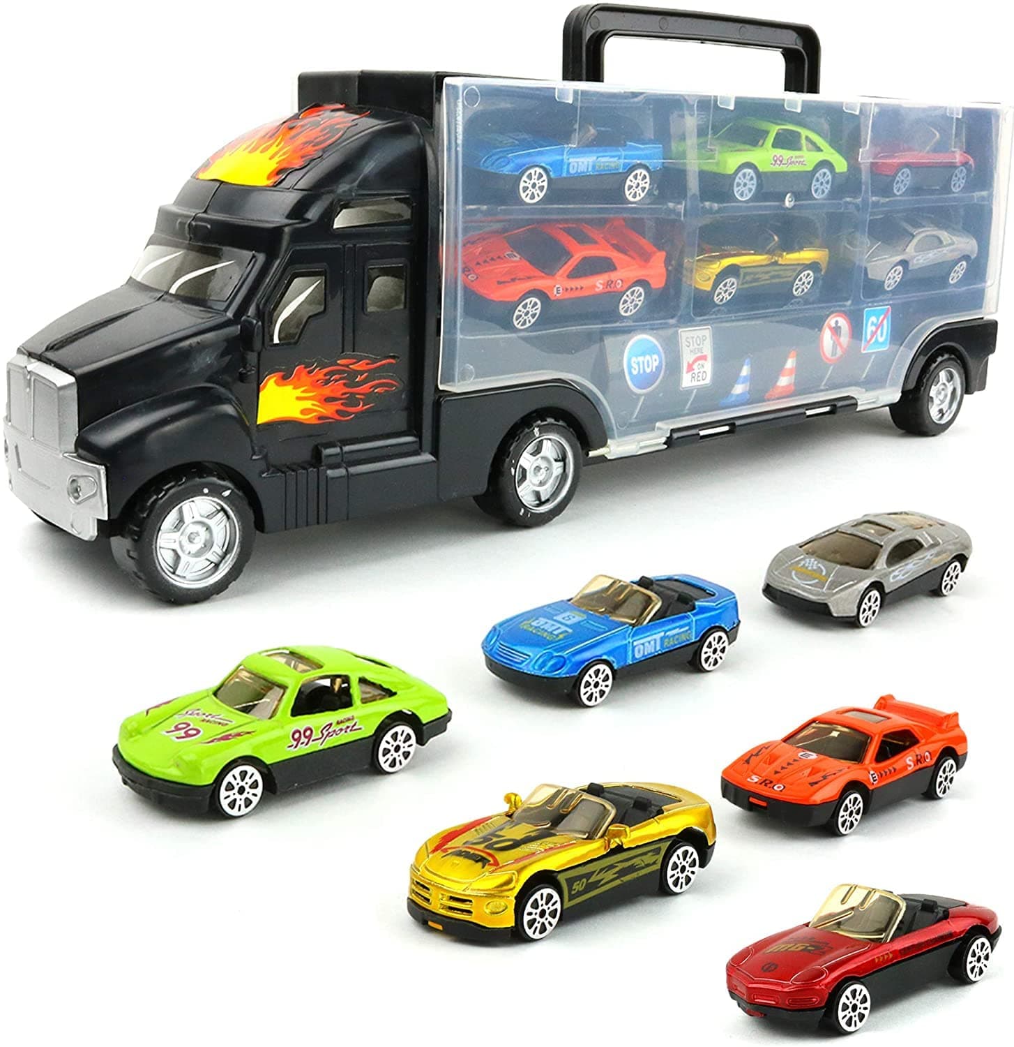 Transport Car Carrier Truck with 6 Stylish Metal Racing Cars and Carrying Case