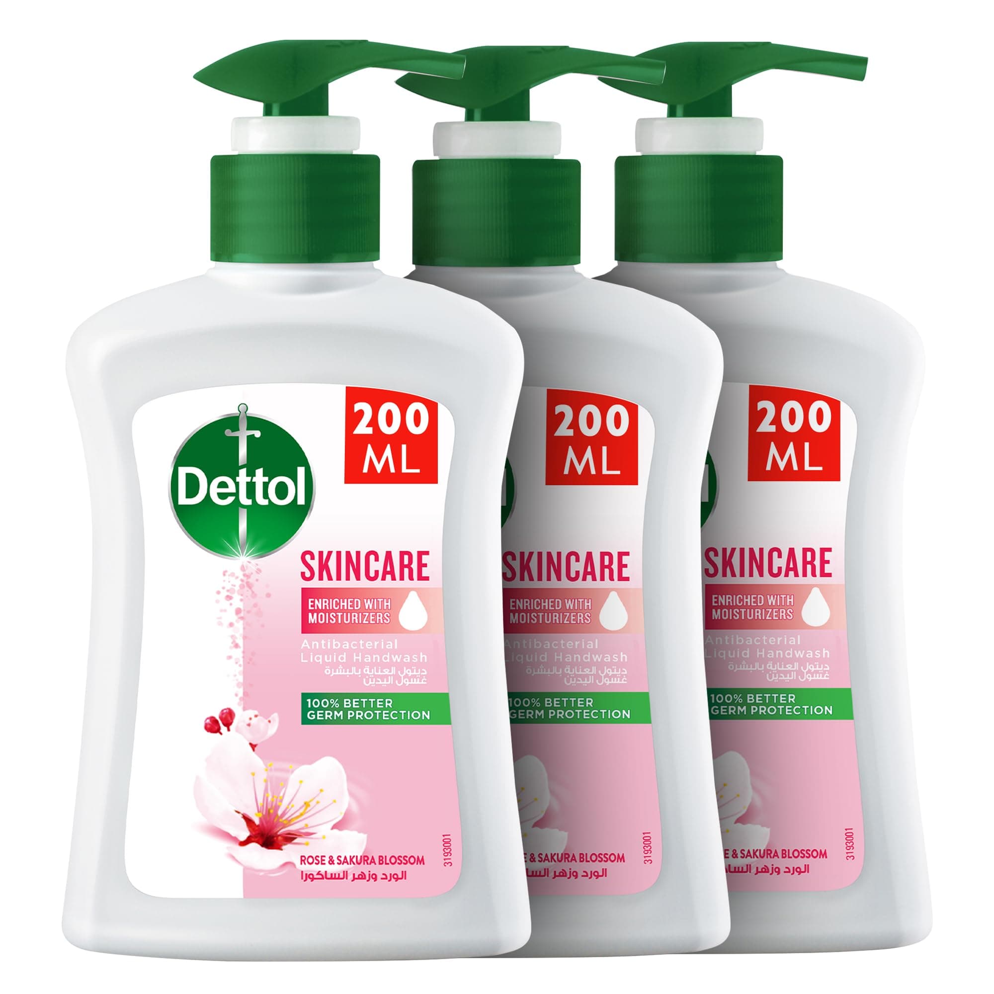 Skincare Handwash Liquid Soap Pump Rose & Sakura Blossom Fragrance, 200ml x3