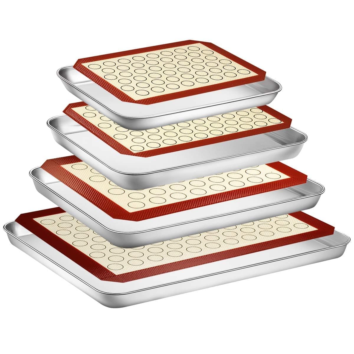 Baking Sheet with Silicone Mat Set, Set of 8 (4 Sheets + 4 Mats), Stainless Steel Cookie Sheet Baking Pans with Reusable Silicone Baking Mat, Non Toxic & Heavy Duty & Easy Clean