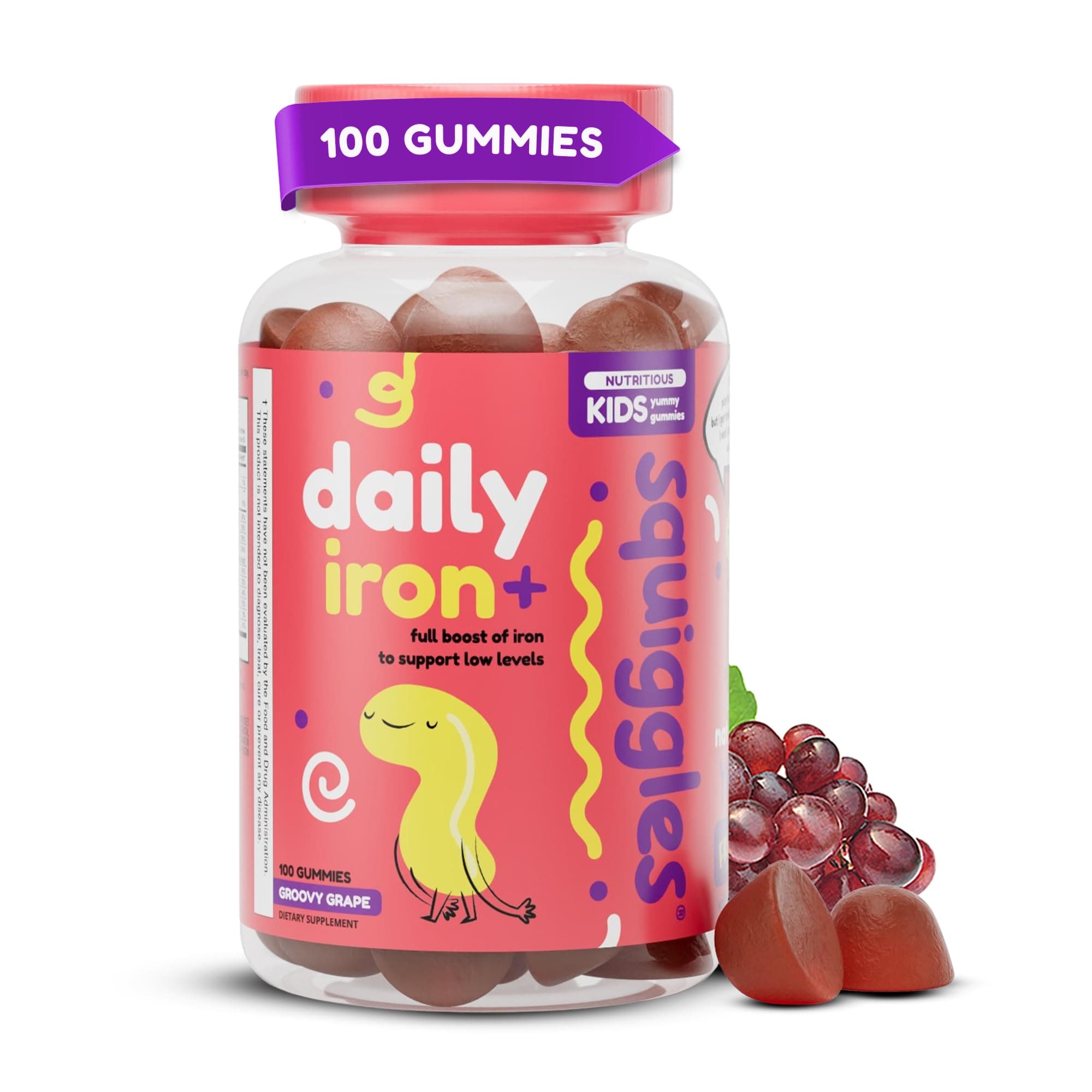 Squiggles Kids Daily Iron+ Gummies - Chewable Supplement with Iron, Multivitamin for Children, Low Sugar, Vegan, Toddler Gummies, Yummy Grape Flavor (100 Count)